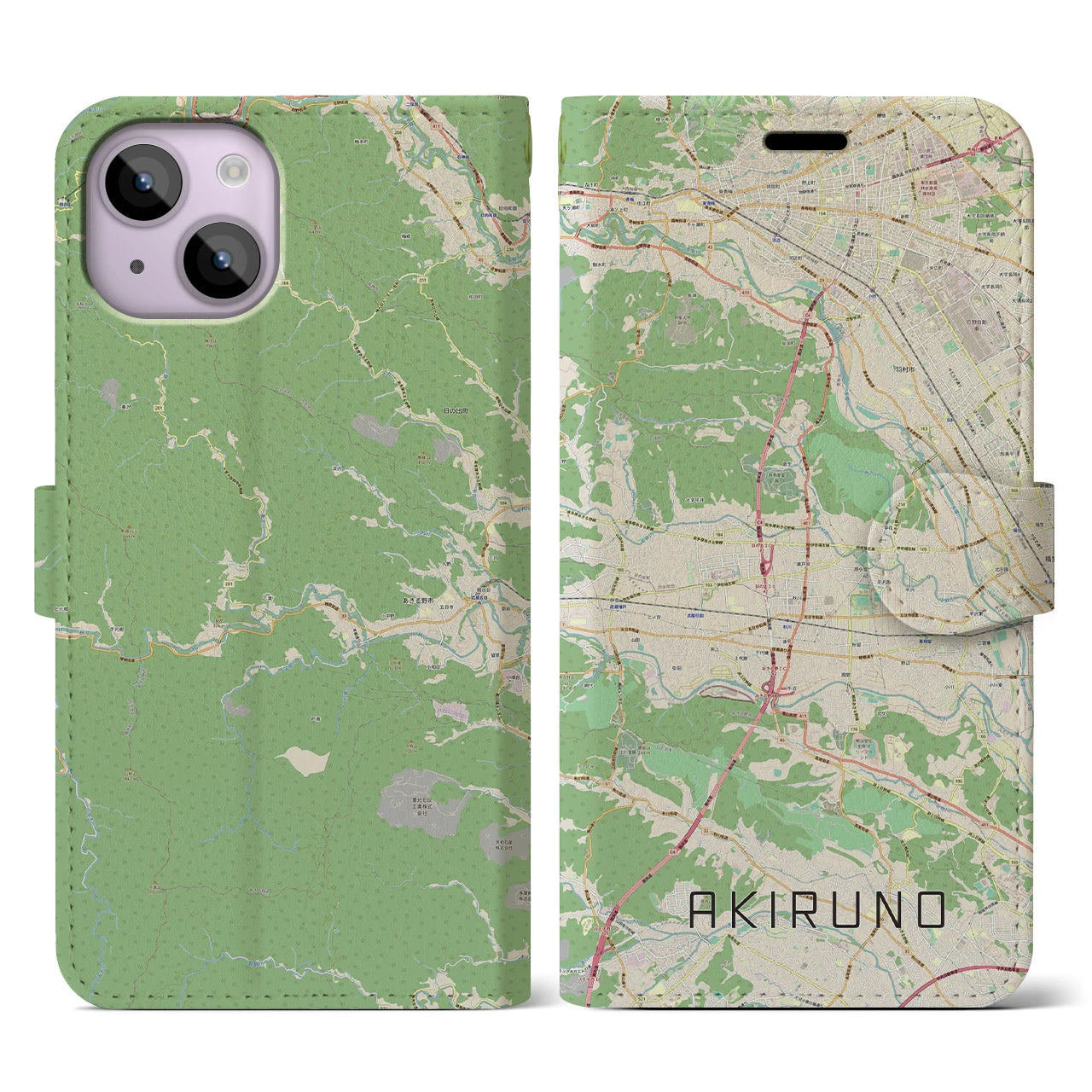 【あきる野(東京都)】地図柄iPhoneケース(手帳タイプ)ナチュラル・iPhone 14 用