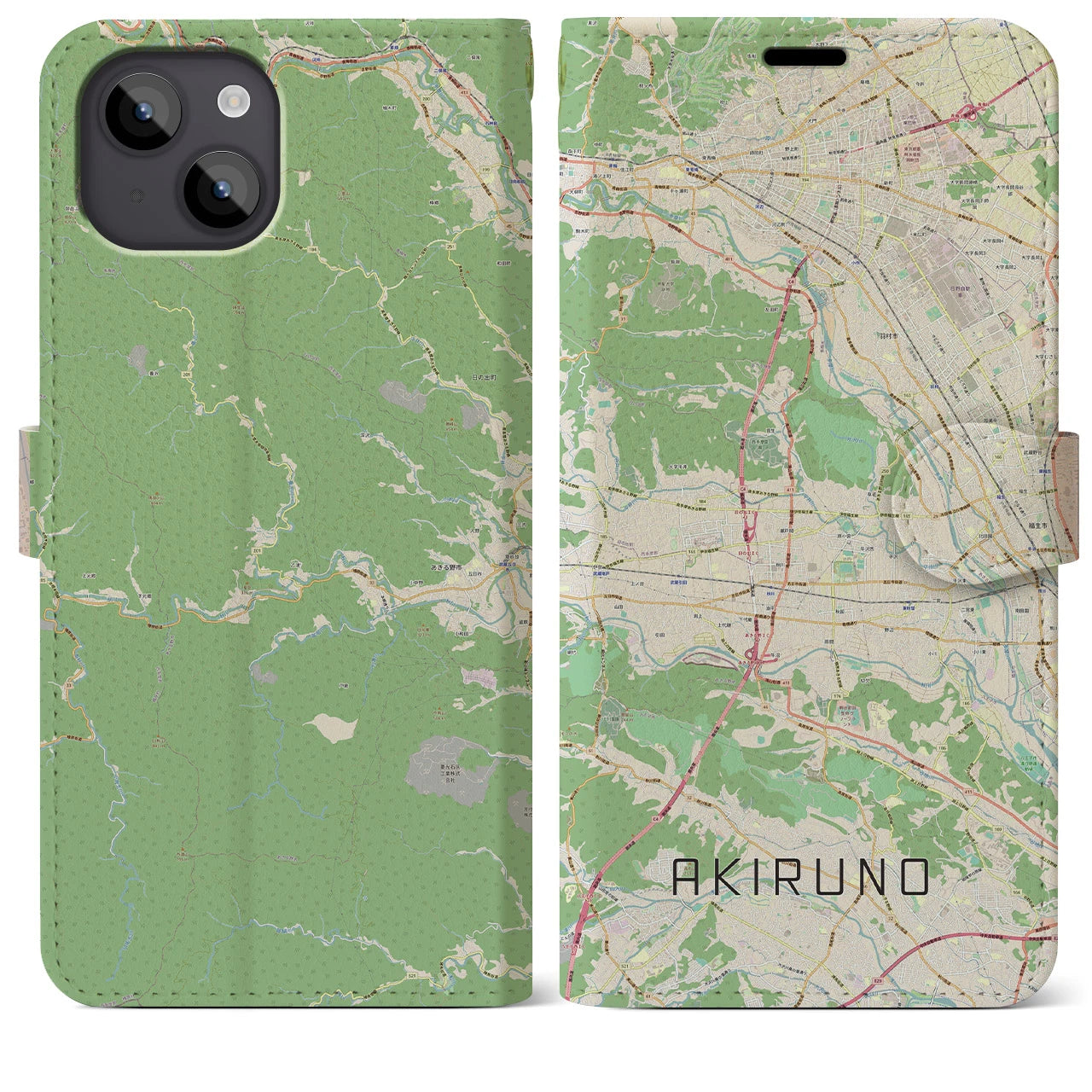 【あきる野(東京都)】地図柄iPhoneケース(手帳タイプ)ナチュラル・iPhone 14 Plus 用