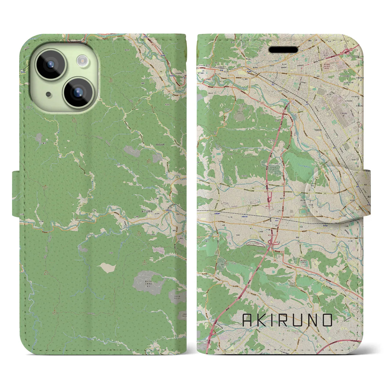 【あきる野(東京都)】地図柄iPhoneケース(手帳タイプ)ナチュラル・iPhone 15 用