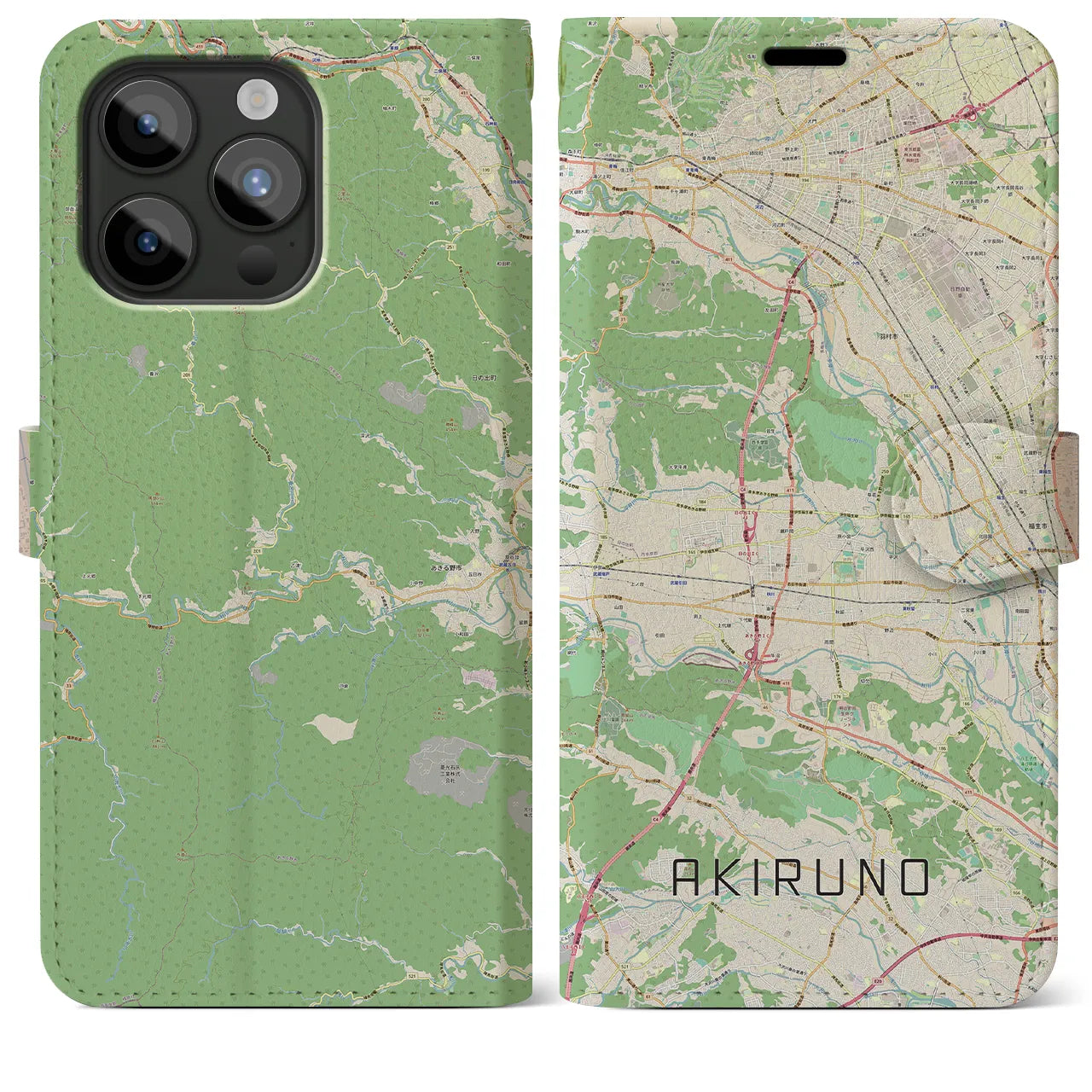 【あきる野(東京都)】地図柄iPhoneケース(手帳タイプ)ナチュラル・iPhone 15 Pro Max 用