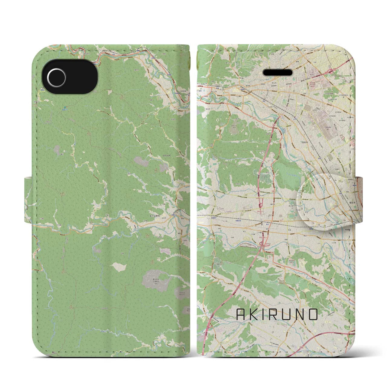【あきる野(東京都)】地図柄iPhoneケース(手帳タイプ)ナチュラル・iPhone SE(第3 / 第2世代) / 8 / 7 / 6s / 6 用