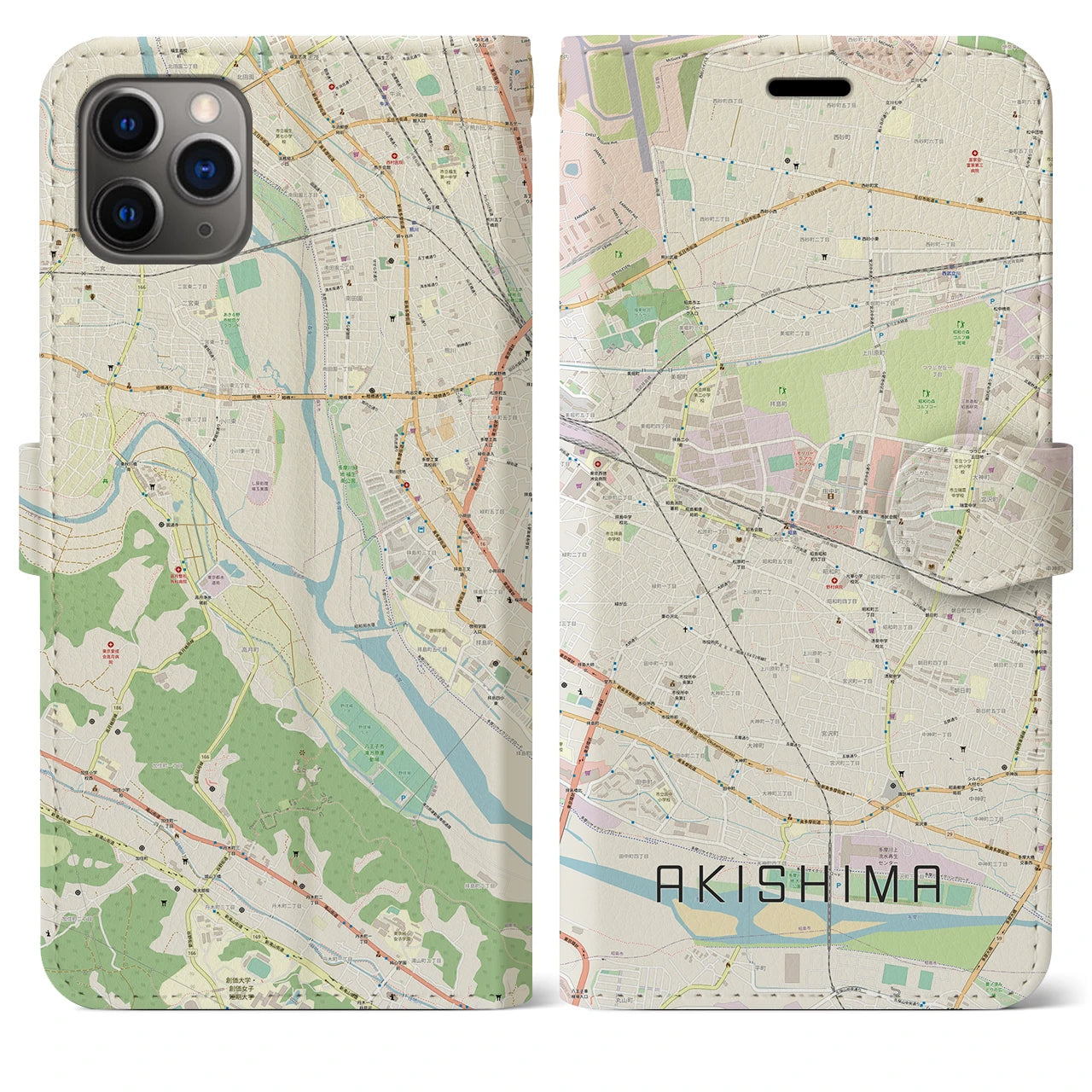 【昭島(東京都)】地図柄iPhoneケース(手帳タイプ)ナチュラル・iPhone 11 Pro Max 用