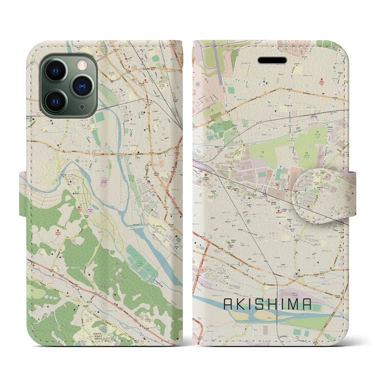 【昭島(東京都)】地図柄iPhoneケース(手帳タイプ)ナチュラル・iPhone 11 Pro 用