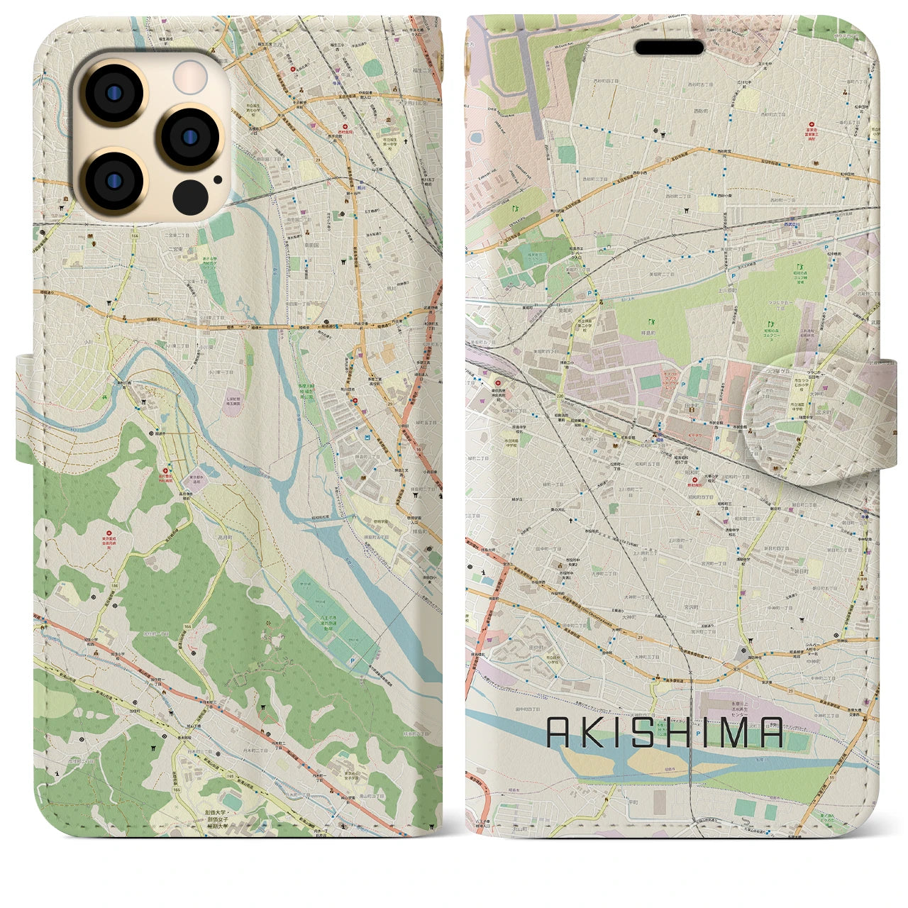 【昭島(東京都)】地図柄iPhoneケース(手帳タイプ)ナチュラル・iPhone 12 Pro Max 用