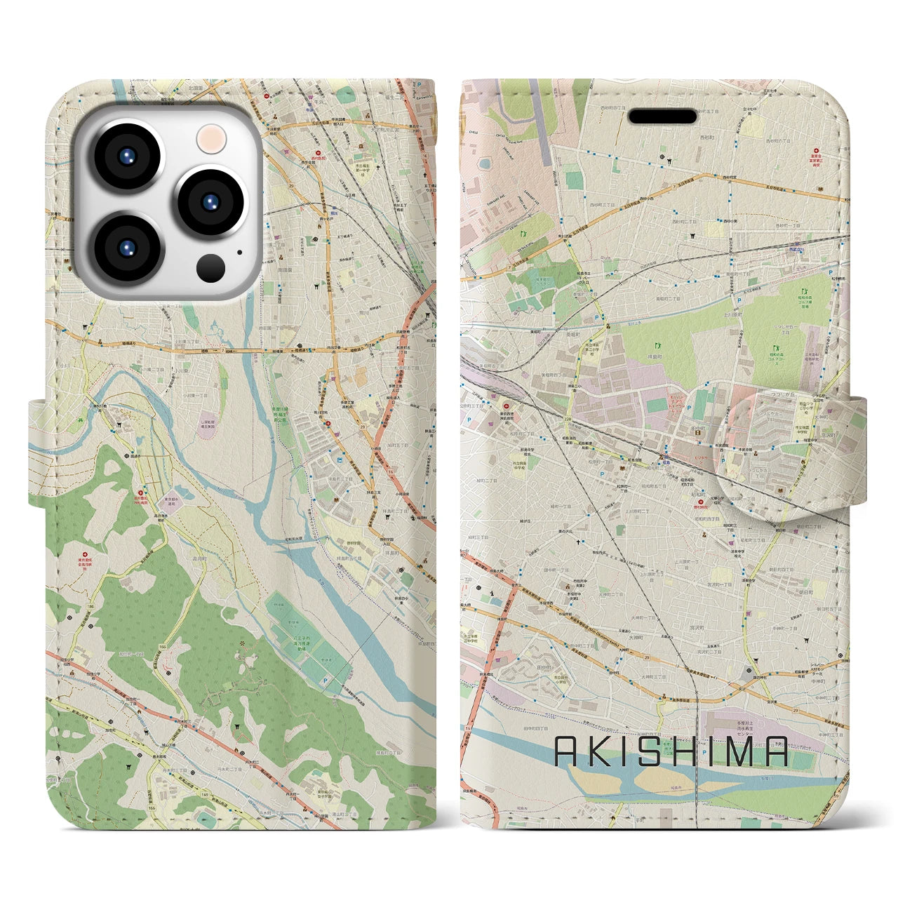 【昭島(東京都)】地図柄iPhoneケース(手帳タイプ)ナチュラル・iPhone 13 Pro 用