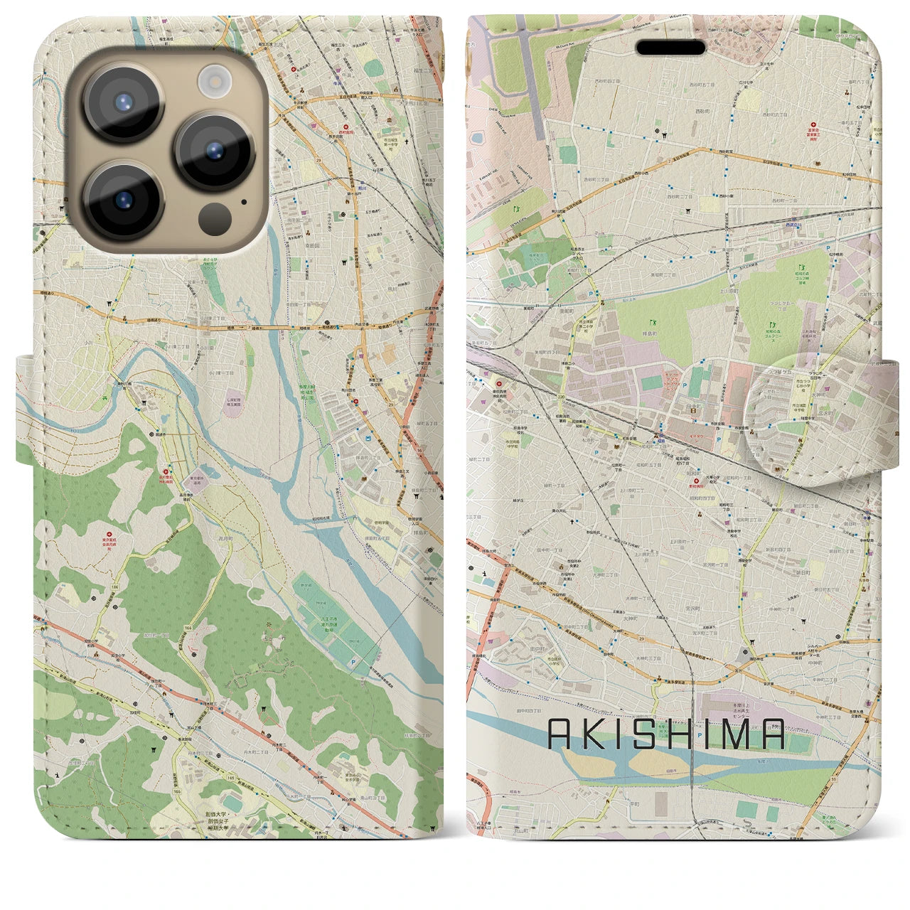 【昭島(東京都)】地図柄iPhoneケース(手帳タイプ)ナチュラル・iPhone 14 Pro Max 用