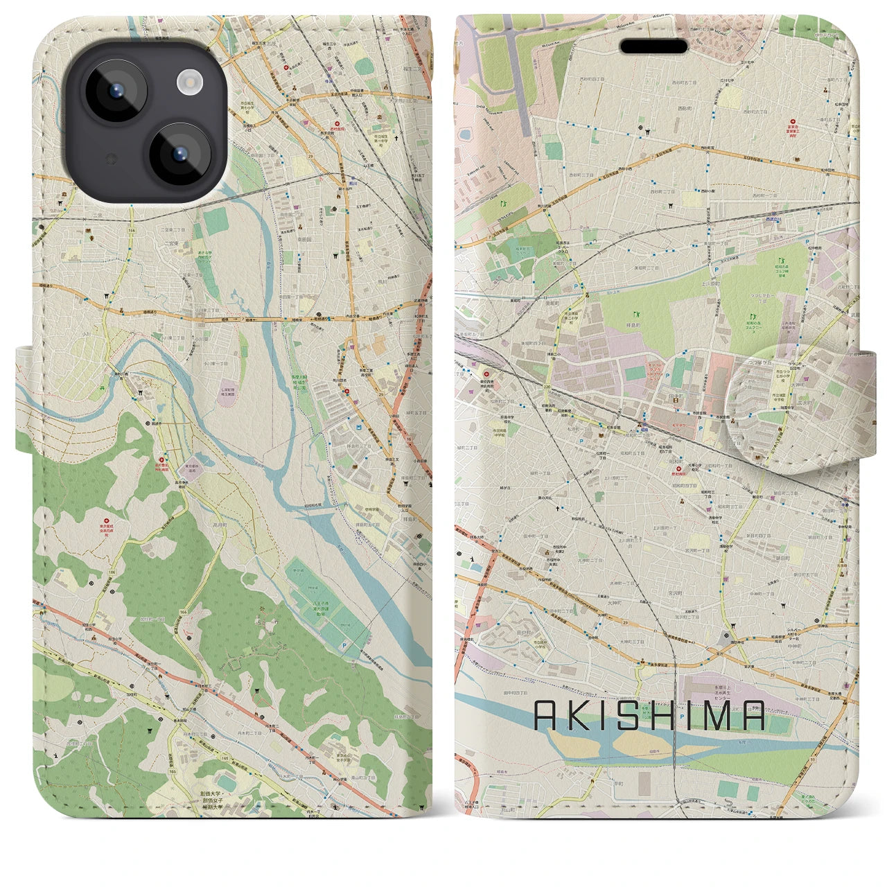 【昭島(東京都)】地図柄iPhoneケース(手帳タイプ)ナチュラル・iPhone 14 Plus 用