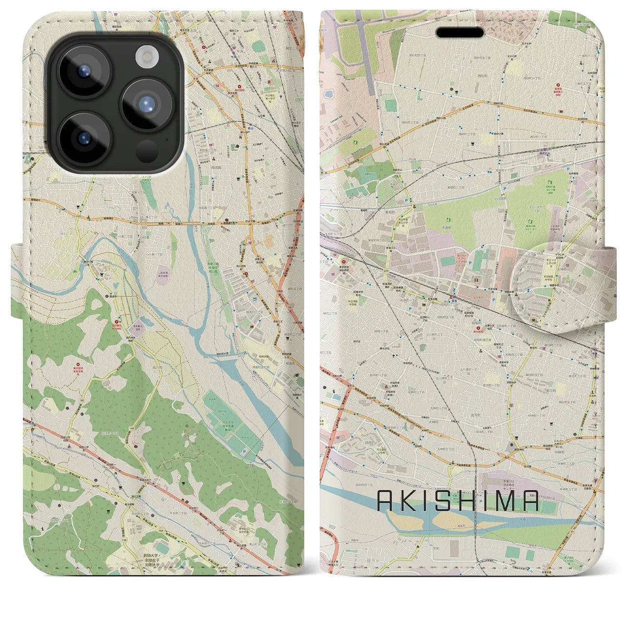 【昭島(東京都)】地図柄iPhoneケース(手帳タイプ)ナチュラル・iPhone 15 Pro Max 用