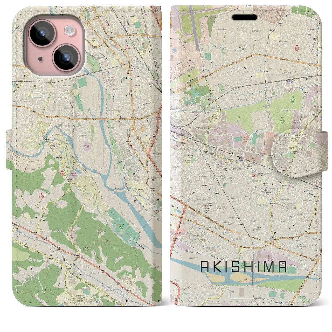 【昭島(東京都)】地図柄iPhoneケース(手帳タイプ)ナチュラル・iPhone 15 Plus 用