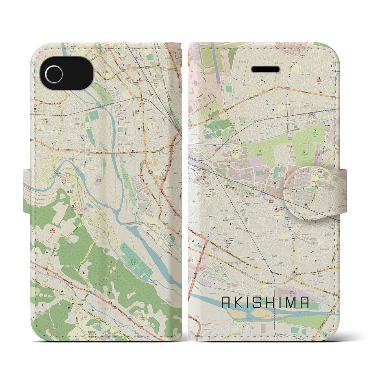 【昭島(東京都)】地図柄iPhoneケース(手帳タイプ)ナチュラル・iPhone SE(第3 / 第2世代) / 8 / 7 / 6s / 6 用