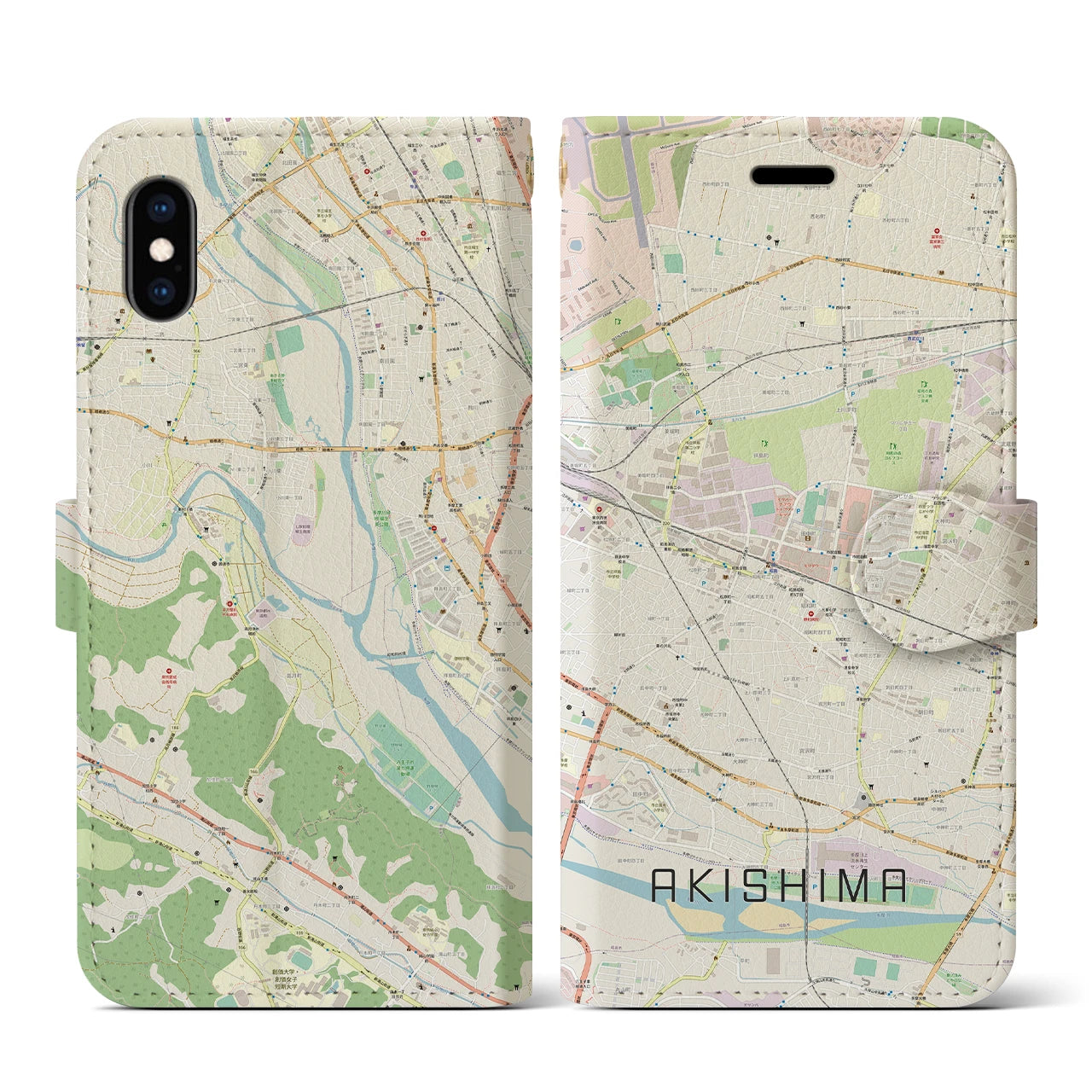 【昭島(東京都)】地図柄iPhoneケース(手帳タイプ)ナチュラル・iPhone XS / X 用