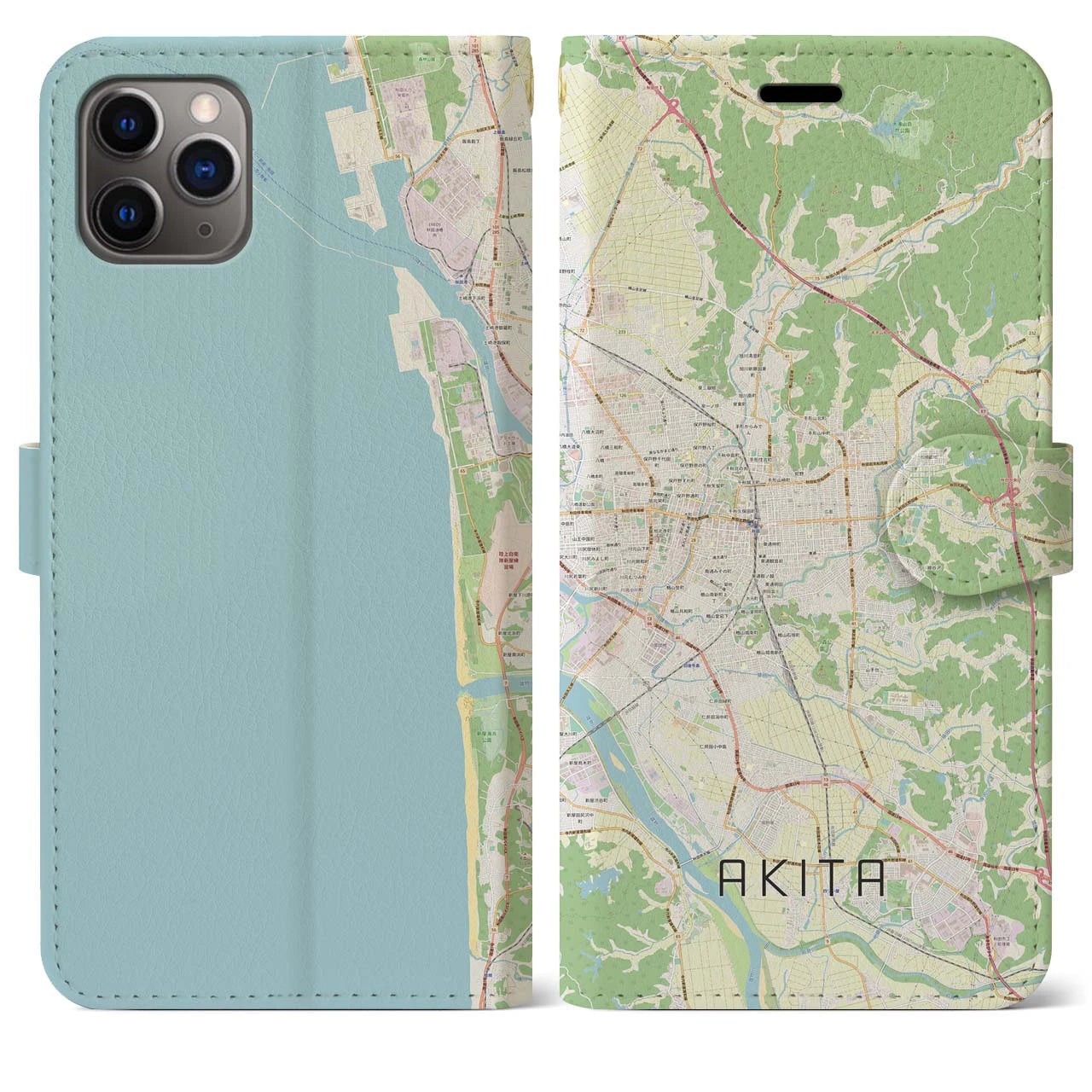 【秋田(秋田県)】地図柄iPhoneケース(手帳タイプ)ナチュラル・iPhone 11 Pro Max 用