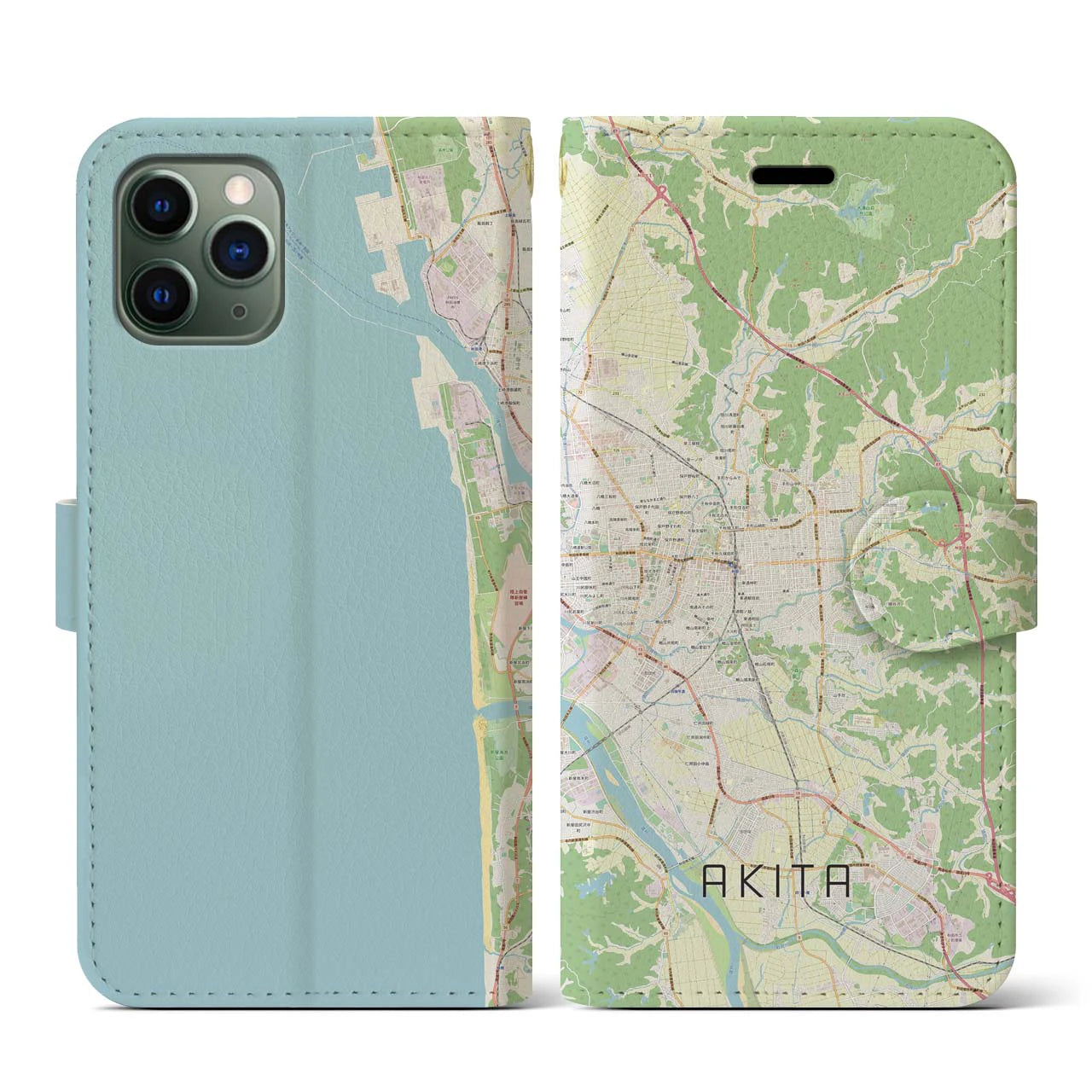 【秋田(秋田県)】地図柄iPhoneケース(手帳タイプ)ナチュラル・iPhone 11 Pro 用