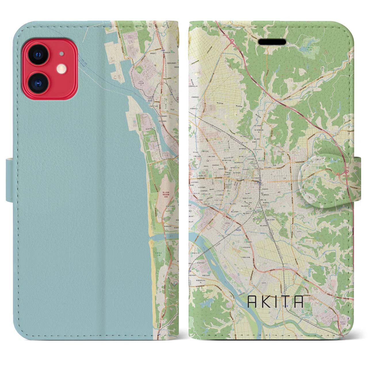 【秋田(秋田県)】地図柄iPhoneケース(手帳タイプ)ナチュラル・iPhone 11 用