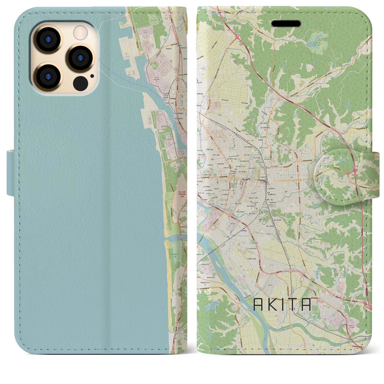 【秋田(秋田県)】地図柄iPhoneケース(手帳タイプ)ナチュラル・iPhone 12 Pro Max 用