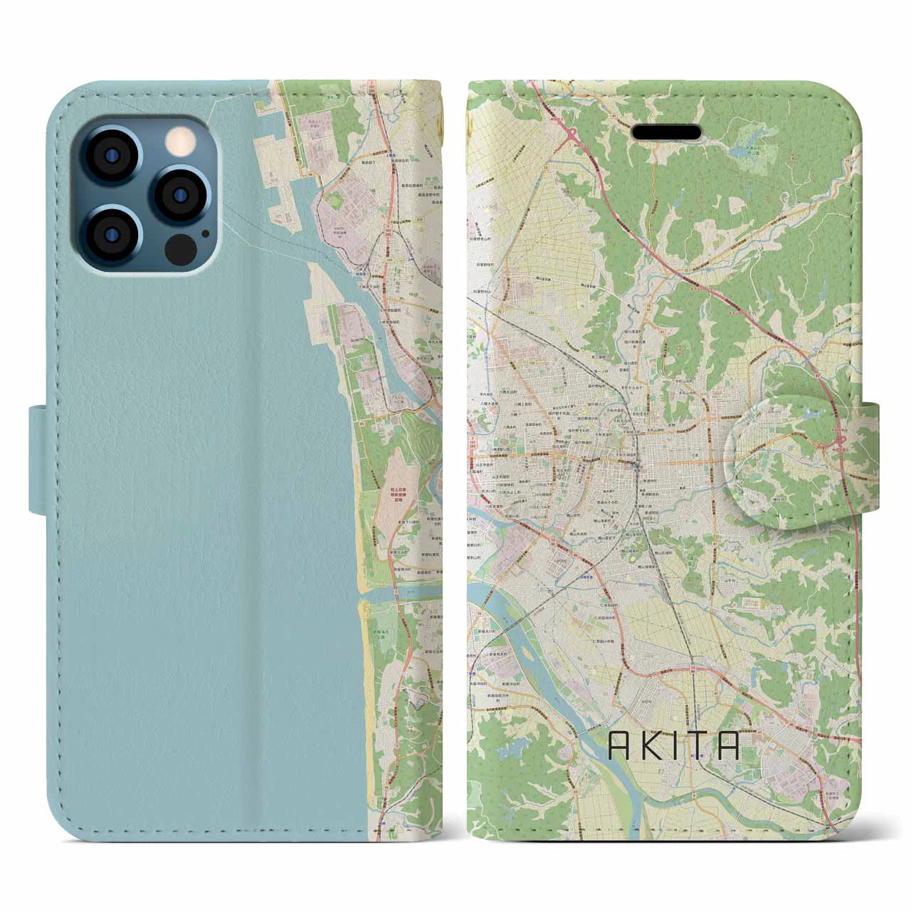 【秋田(秋田県)】地図柄iPhoneケース(手帳タイプ)ナチュラル・iPhone 12 / 12 Pro 用