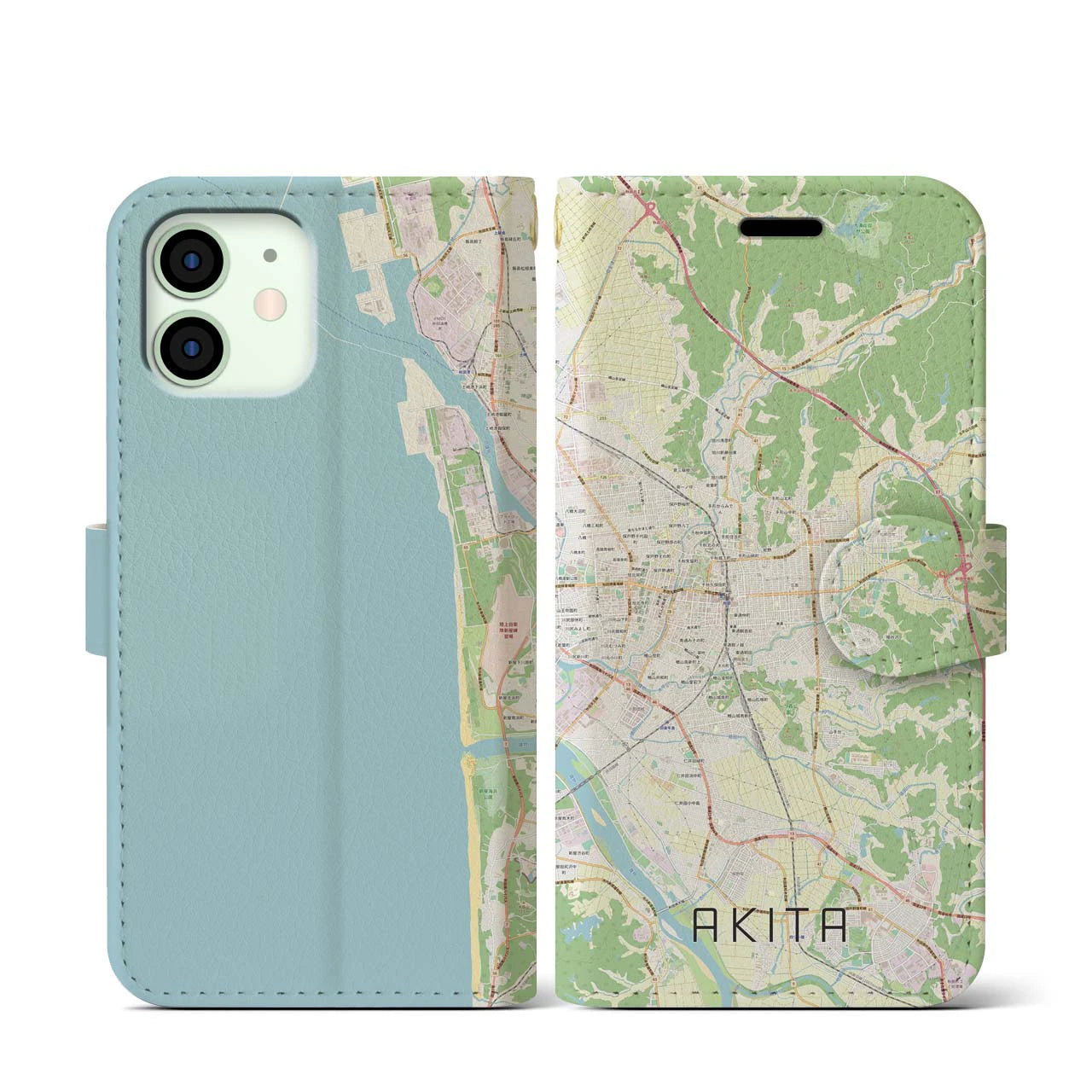 【秋田(秋田県)】地図柄iPhoneケース(手帳タイプ)ナチュラル・iPhone 12 mini 用