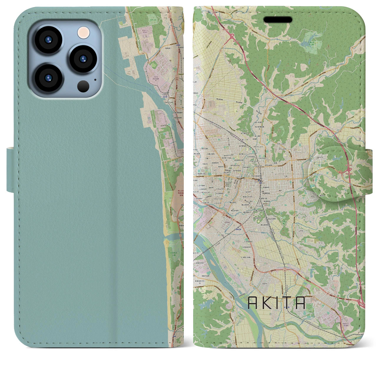 【秋田(秋田県)】地図柄iPhoneケース(手帳タイプ)ナチュラル・iPhone 13 Pro Max 用