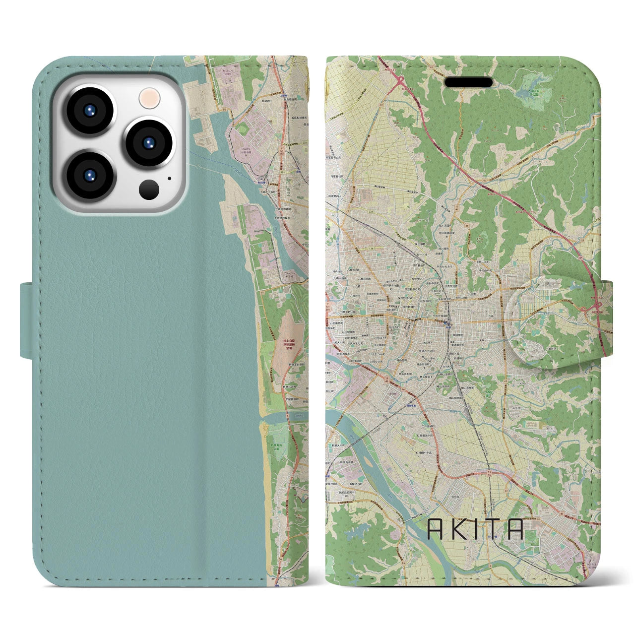 【秋田(秋田県)】地図柄iPhoneケース(手帳タイプ)ナチュラル・iPhone 13 Pro 用