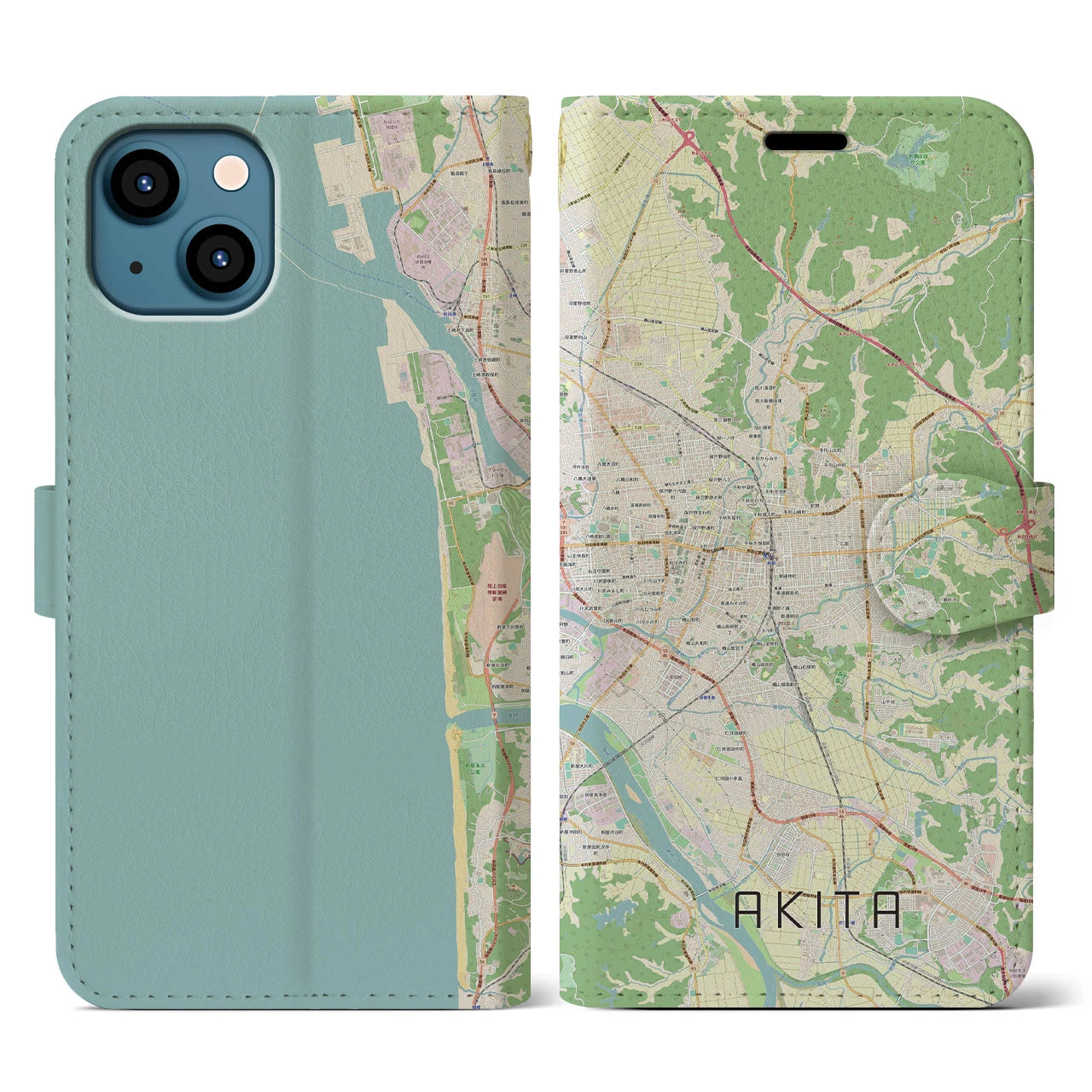 【秋田(秋田県)】地図柄iPhoneケース(手帳タイプ)ナチュラル・iPhone 13 用