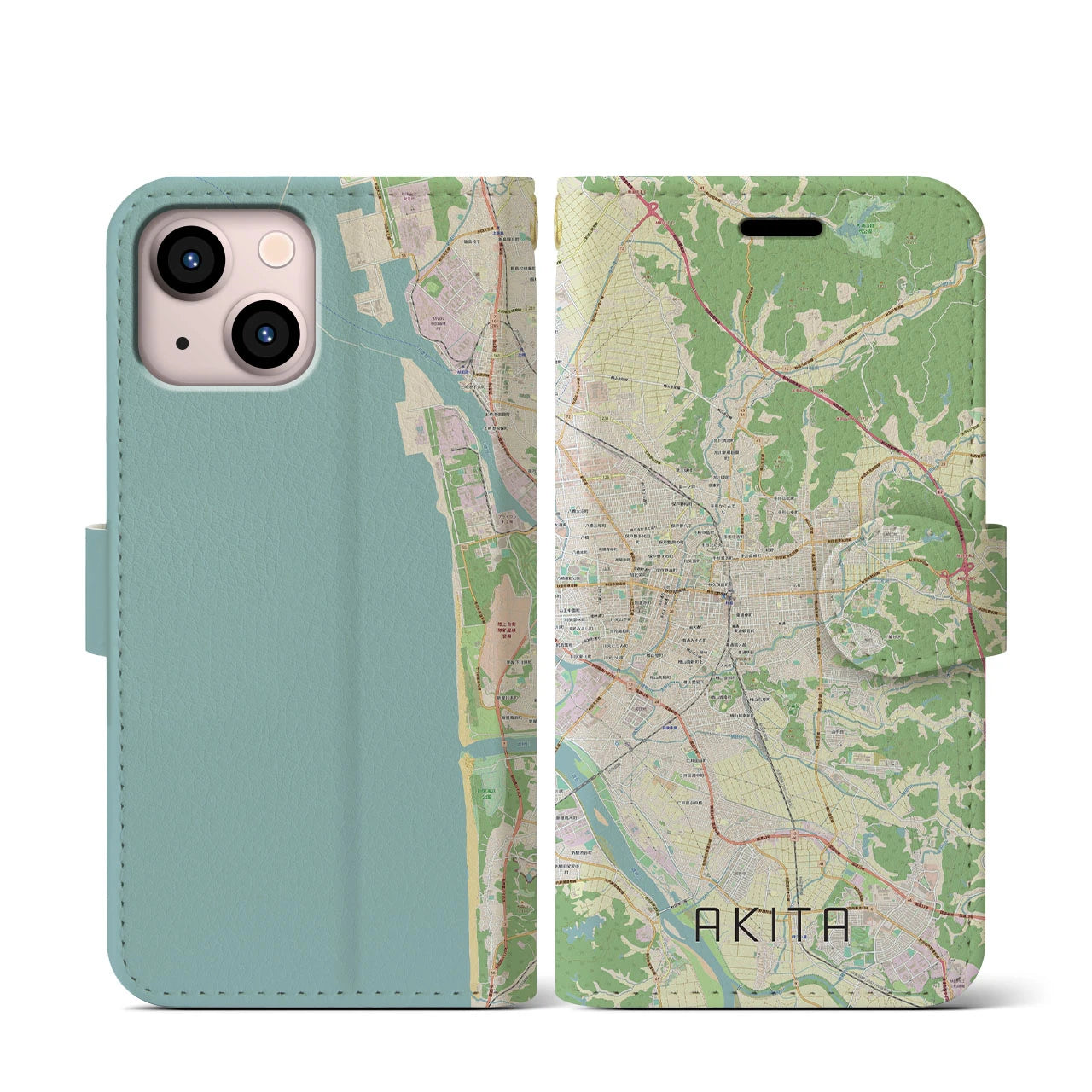 【秋田(秋田県)】地図柄iPhoneケース(手帳タイプ)ナチュラル・iPhone 13 mini 用