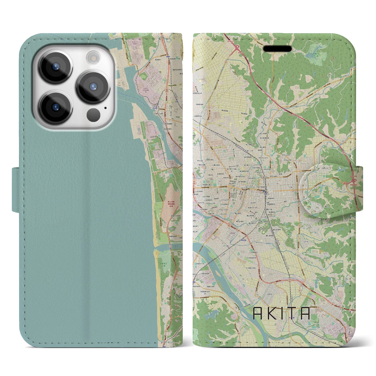 【秋田(秋田県)】地図柄iPhoneケース(手帳タイプ)ナチュラル・iPhone 14 Pro 用