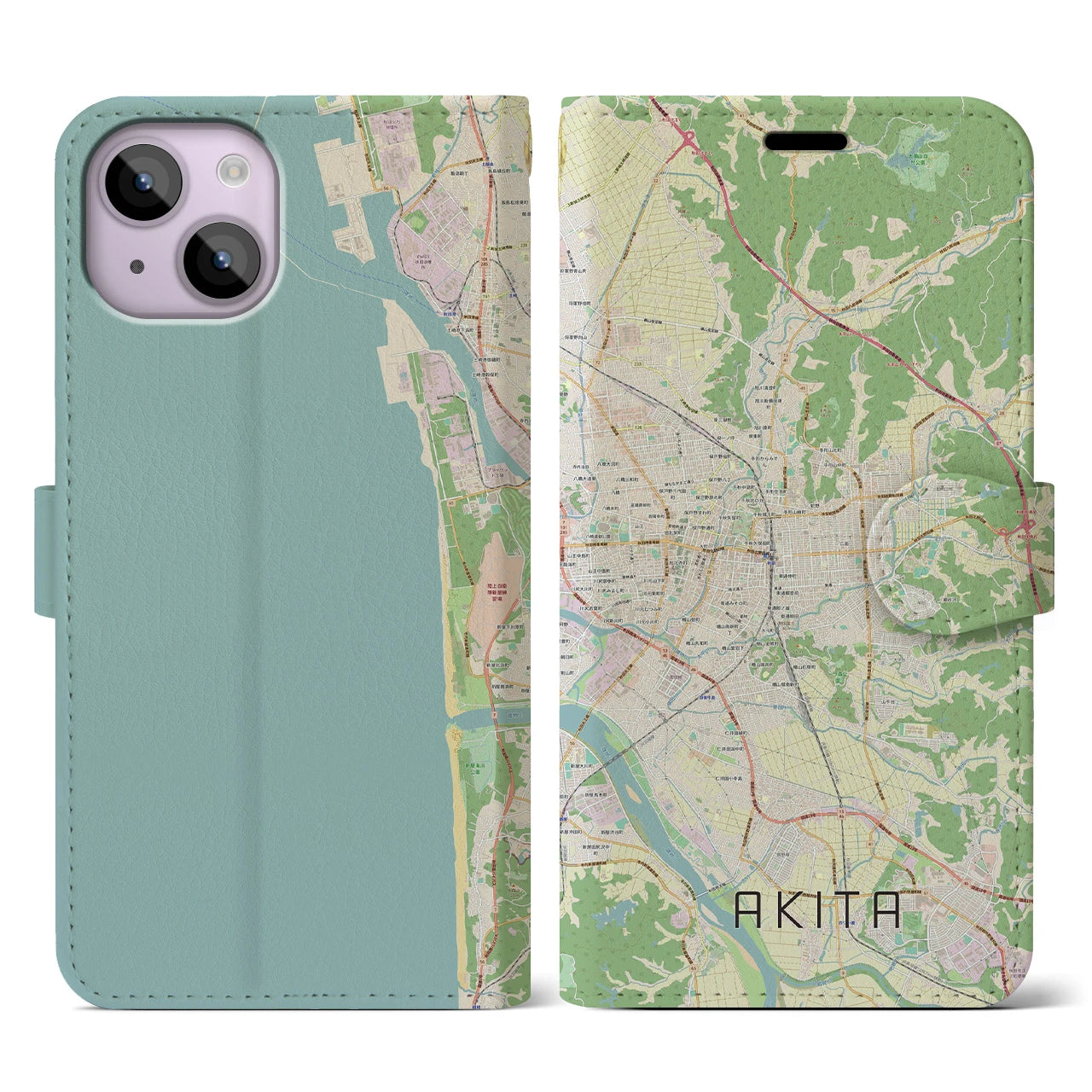 【秋田(秋田県)】地図柄iPhoneケース(手帳タイプ)ナチュラル・iPhone 14 用