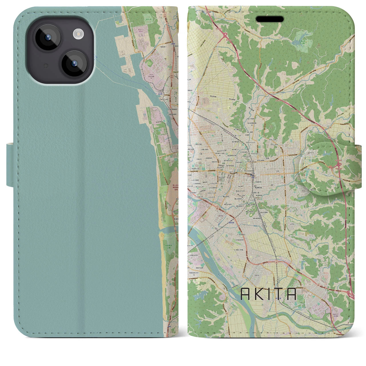 【秋田(秋田県)】地図柄iPhoneケース(手帳タイプ)ナチュラル・iPhone 14 Plus 用