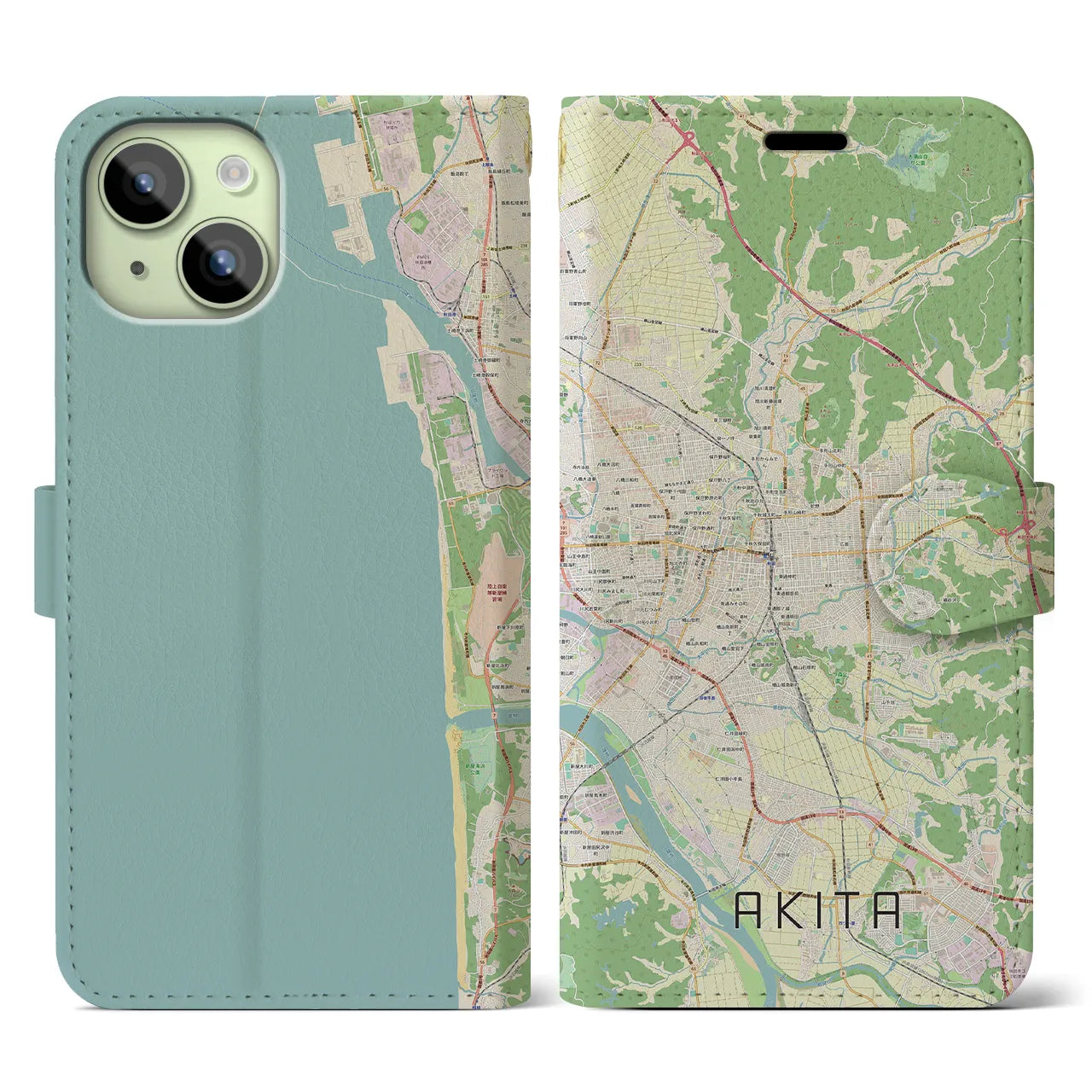 【秋田(秋田県)】地図柄iPhoneケース(手帳タイプ)ナチュラル・iPhone 15 用