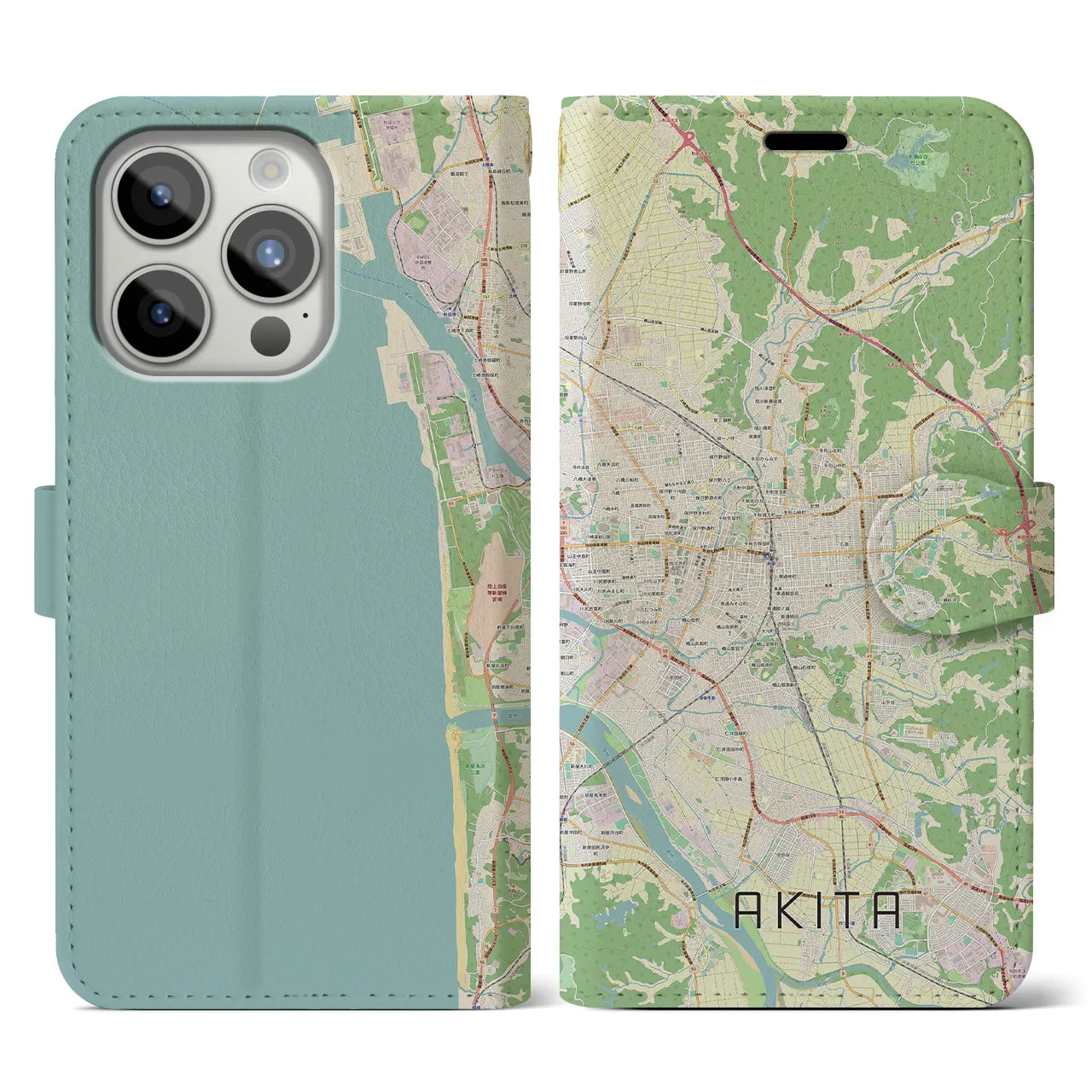 【秋田(秋田県)】地図柄iPhoneケース(手帳タイプ)ナチュラル・iPhone 15 Pro 用