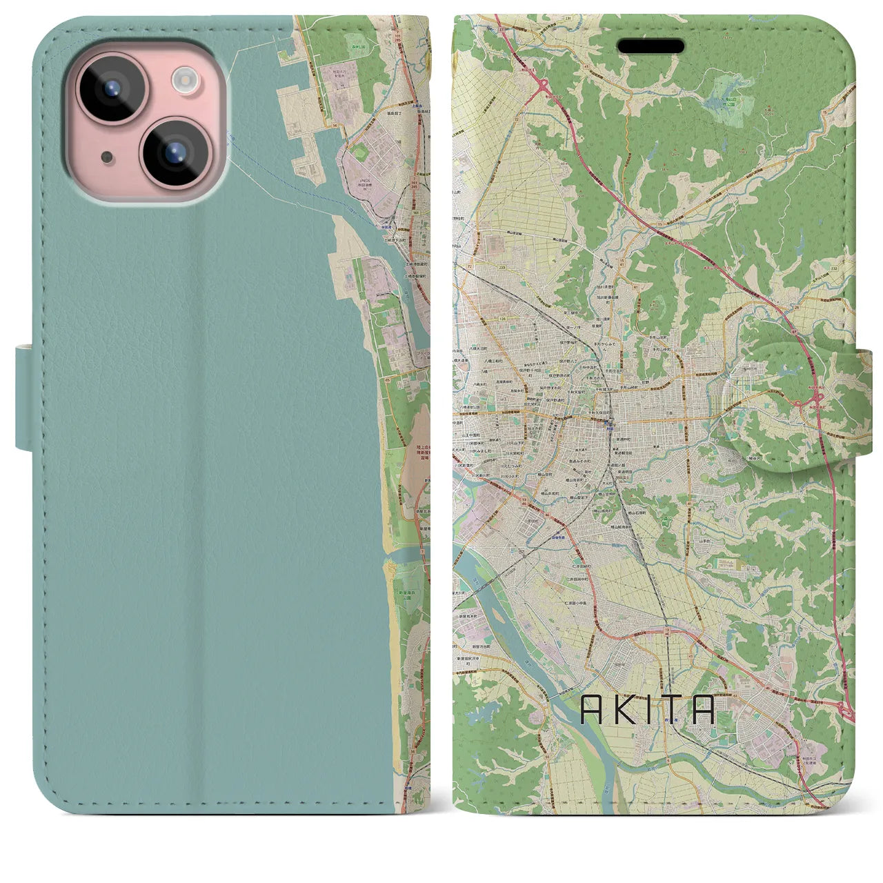 【秋田(秋田県)】地図柄iPhoneケース(手帳タイプ)ナチュラル・iPhone 15 Plus 用