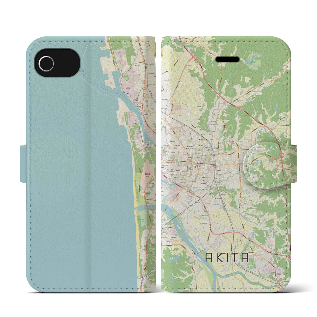 【秋田(秋田県)】地図柄iPhoneケース(手帳タイプ)ナチュラル・iPhone SE(第3 / 第2世代) / 8 / 7 / 6s / 6 用