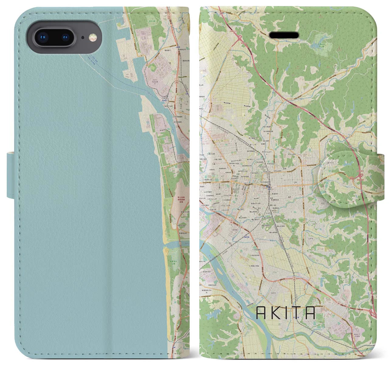 【秋田(秋田県)】地図柄iPhoneケース(手帳タイプ)ナチュラル・iPhone 8Plus /7Plus / 6sPlus / 6Plus 用