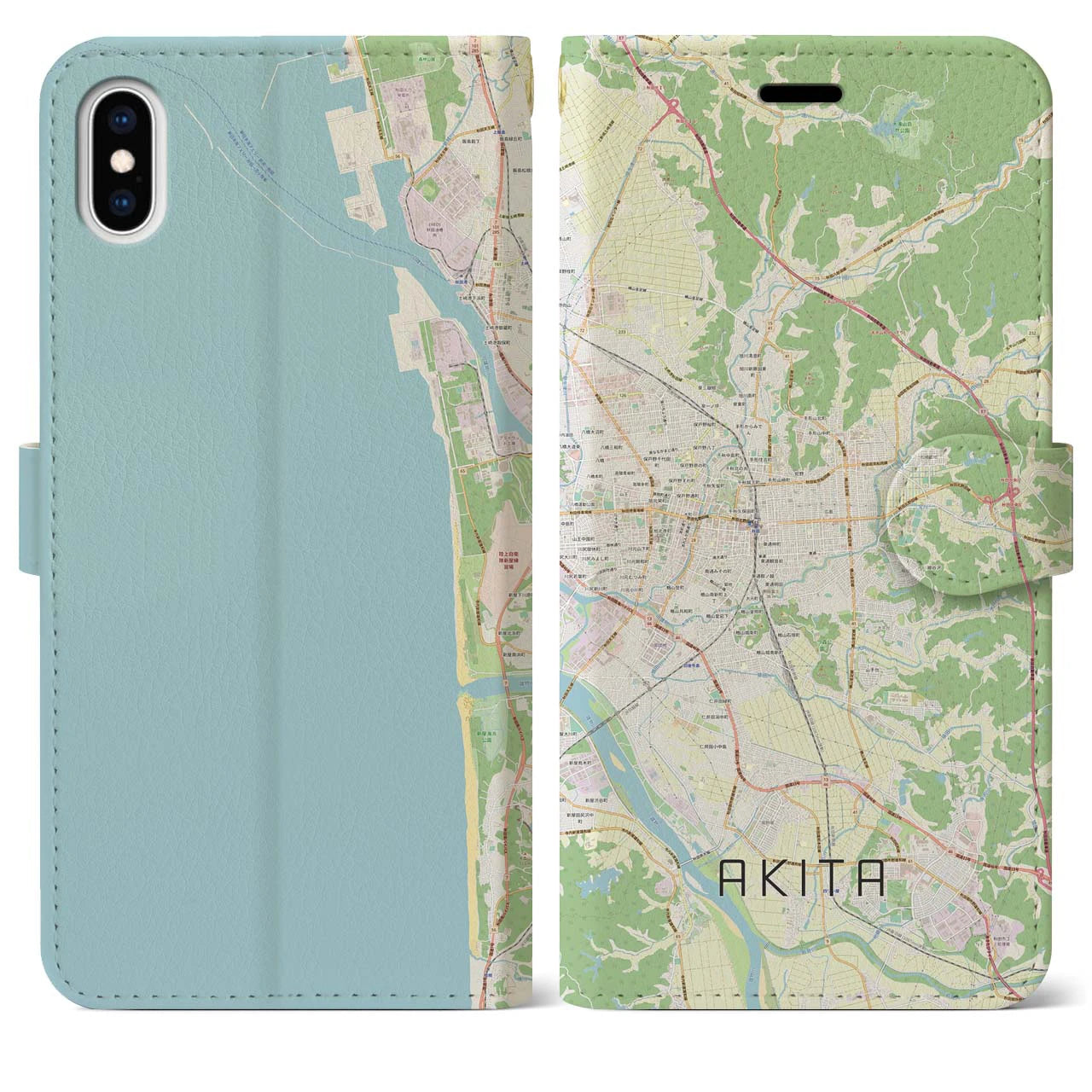 【秋田(秋田県)】地図柄iPhoneケース(手帳タイプ)ナチュラル・iPhone XS Max 用