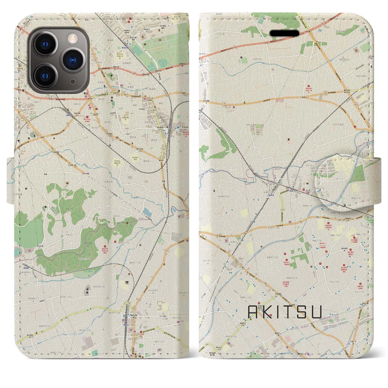 【秋津(東京都)】地図柄iPhoneケース(手帳タイプ)ナチュラル・iPhone 11 Pro Max 用