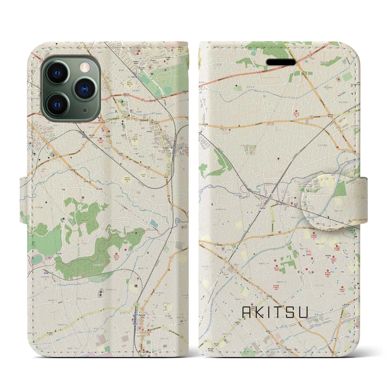 【秋津(東京都)】地図柄iPhoneケース(手帳タイプ)ナチュラル・iPhone 11 Pro 用