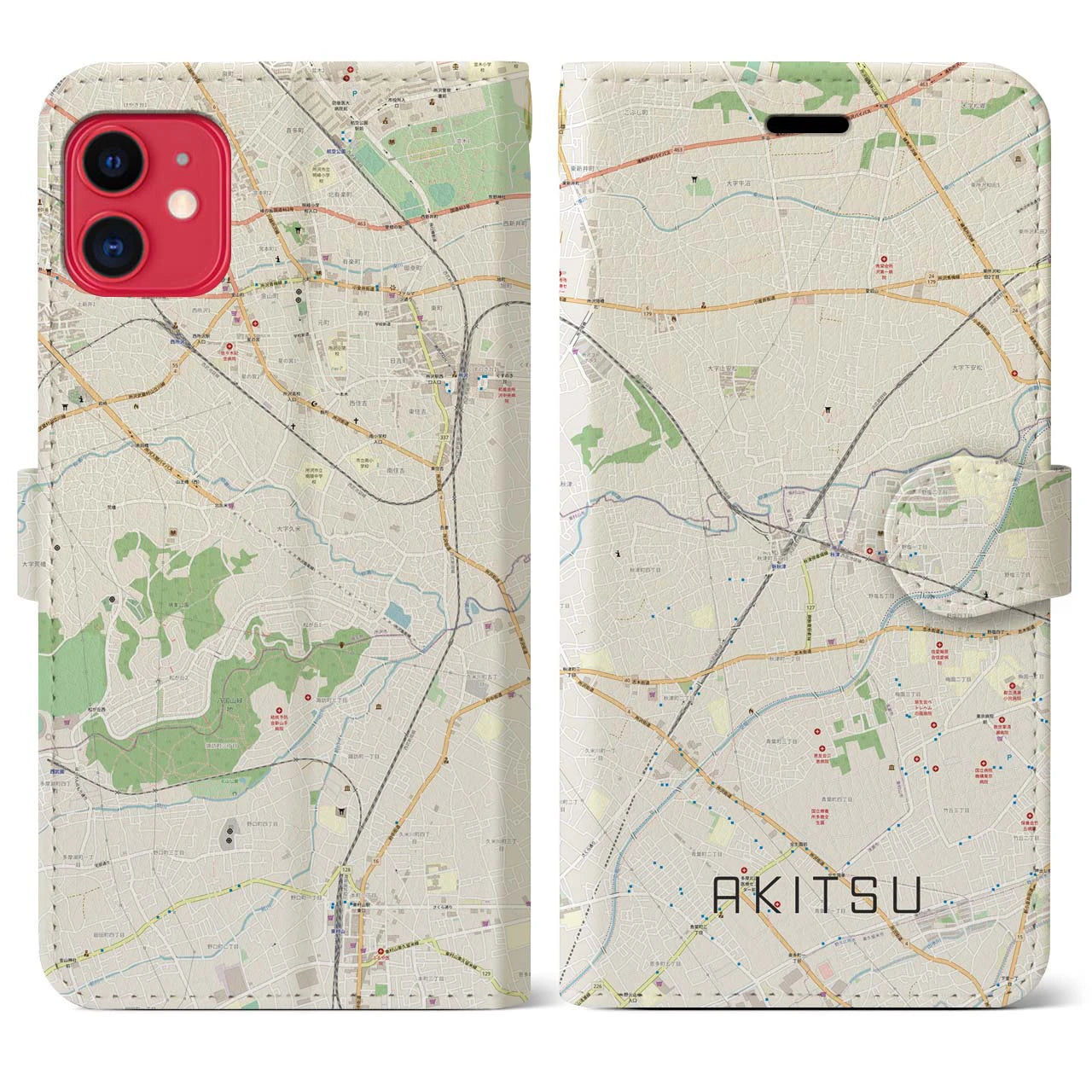 【秋津(東京都)】地図柄iPhoneケース(手帳タイプ)ナチュラル・iPhone 11 用