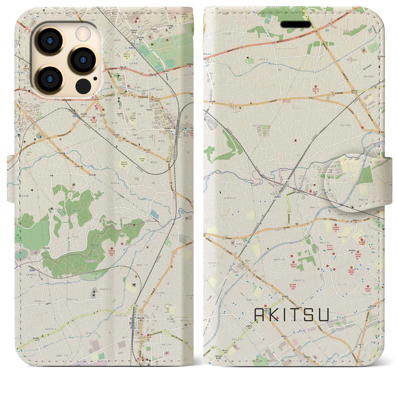 【秋津(東京都)】地図柄iPhoneケース(手帳タイプ)ナチュラル・iPhone 12 Pro Max 用