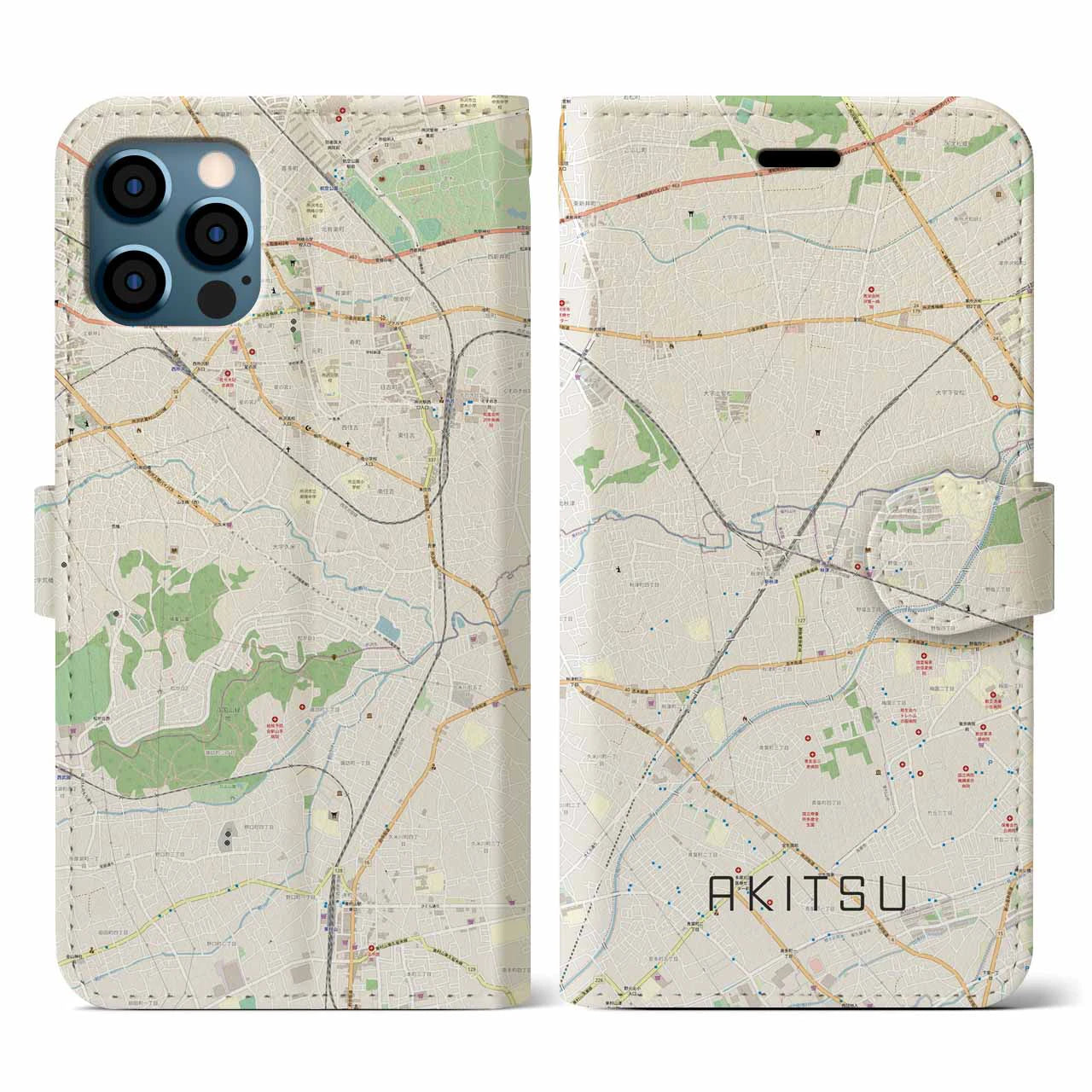 【秋津(東京都)】地図柄iPhoneケース(手帳タイプ)ナチュラル・iPhone 12 / 12 Pro 用
