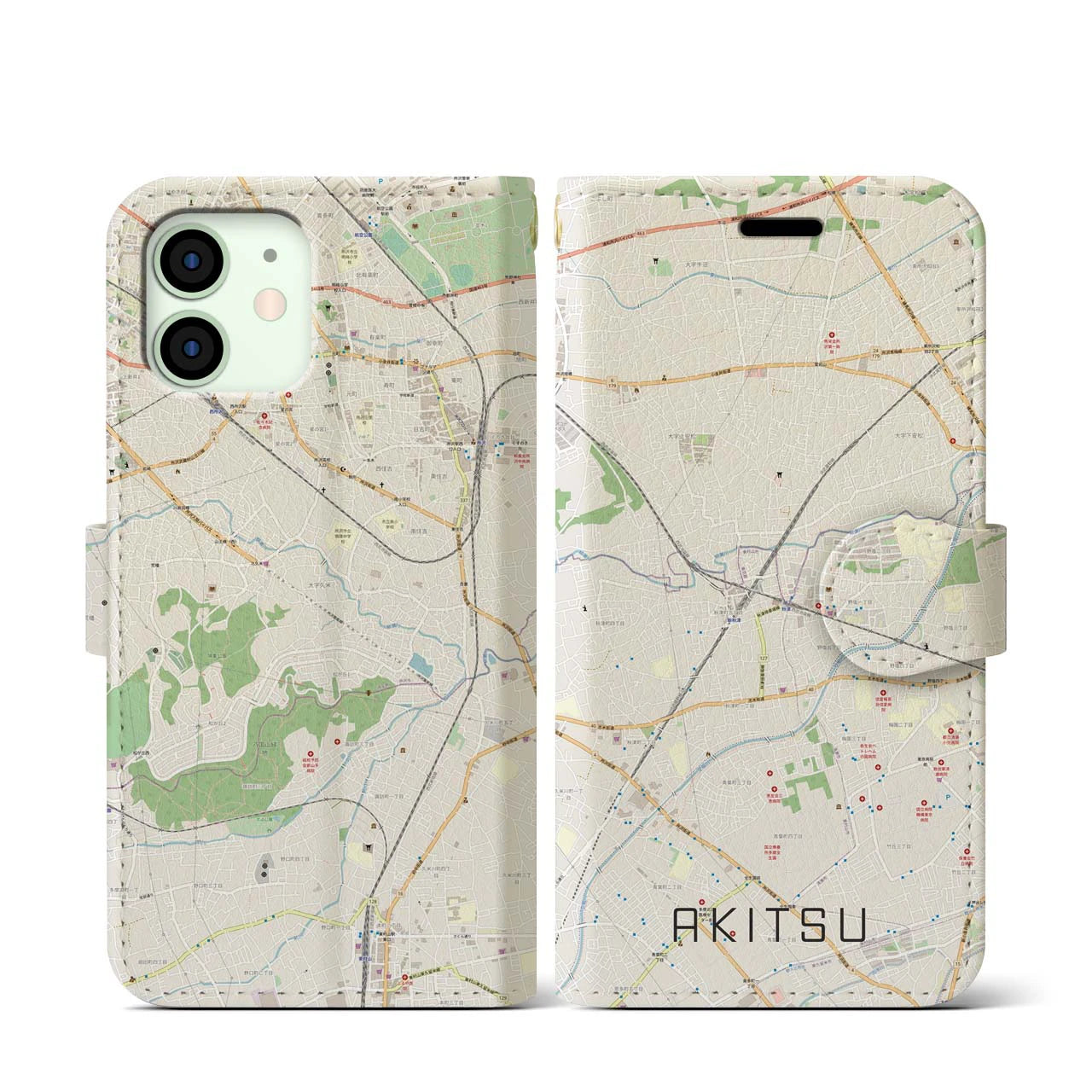 【秋津(東京都)】地図柄iPhoneケース(手帳タイプ)ナチュラル・iPhone 12 mini 用