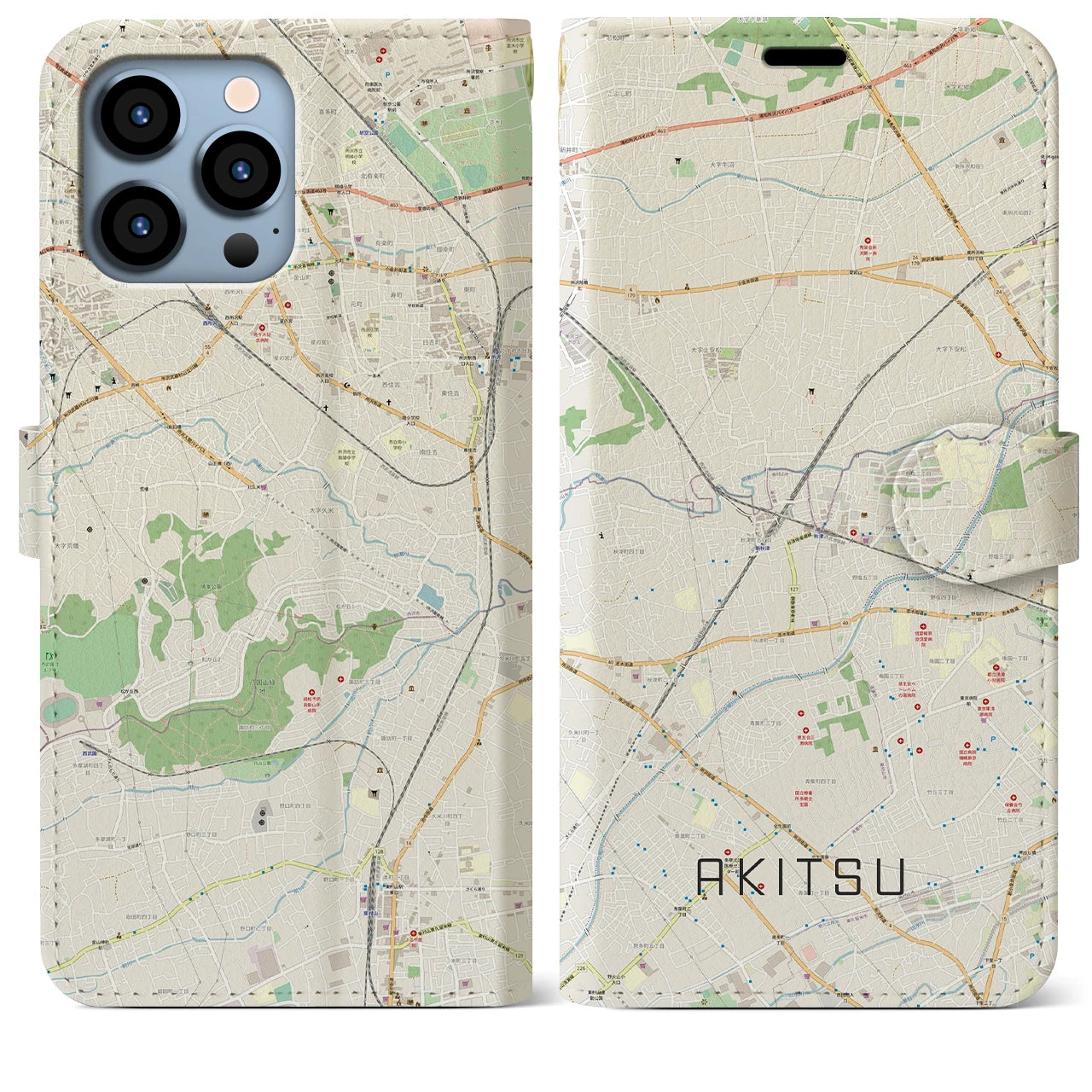 【秋津(東京都)】地図柄iPhoneケース(手帳タイプ)ナチュラル・iPhone 13 Pro Max 用