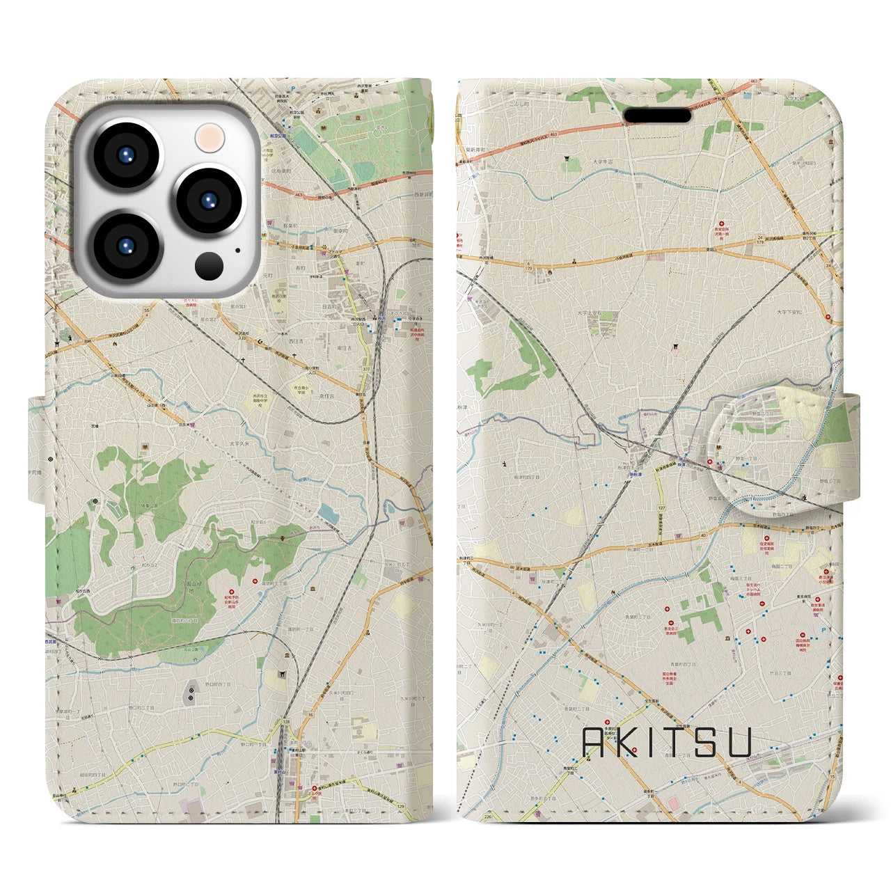 【秋津(東京都)】地図柄iPhoneケース(手帳タイプ)ナチュラル・iPhone 13 Pro 用