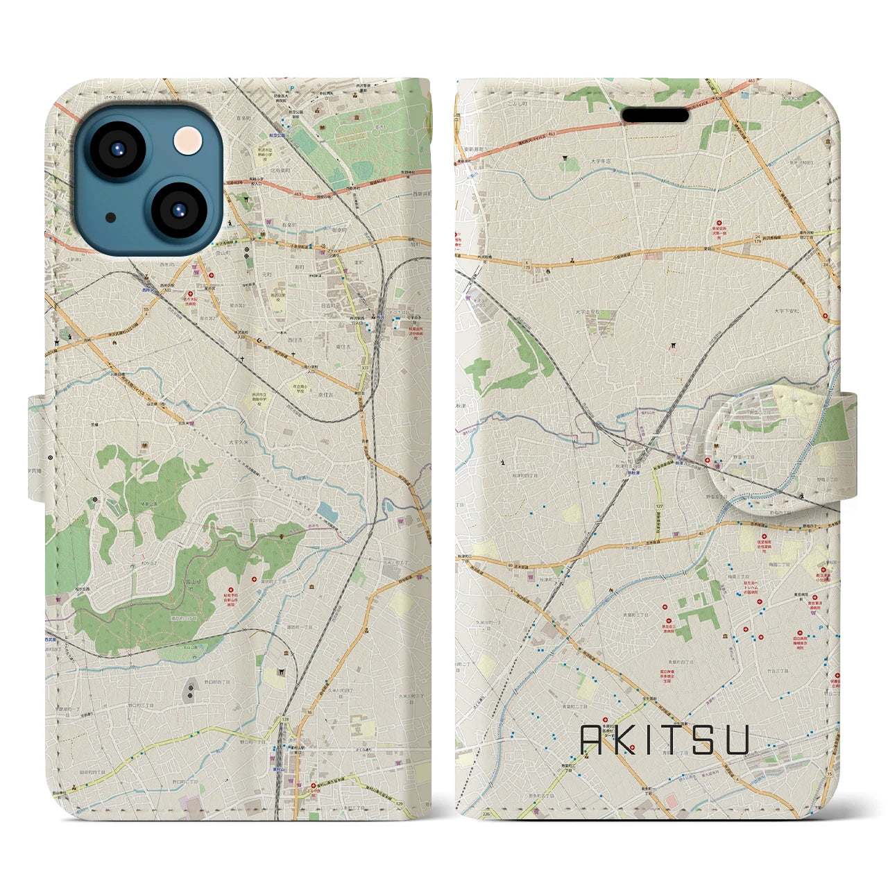 【秋津(東京都)】地図柄iPhoneケース(手帳タイプ)ナチュラル・iPhone 13 用