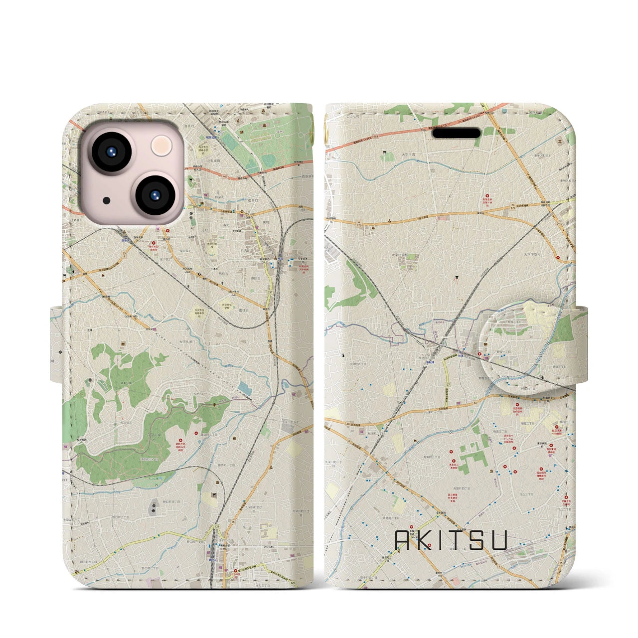 【秋津(東京都)】地図柄iPhoneケース(手帳タイプ)ナチュラル・iPhone 13 mini 用