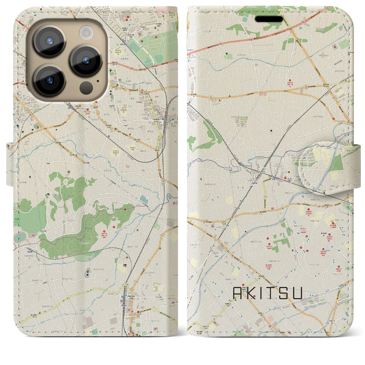 【秋津(東京都)】地図柄iPhoneケース(手帳タイプ)ナチュラル・iPhone 14 Pro Max 用