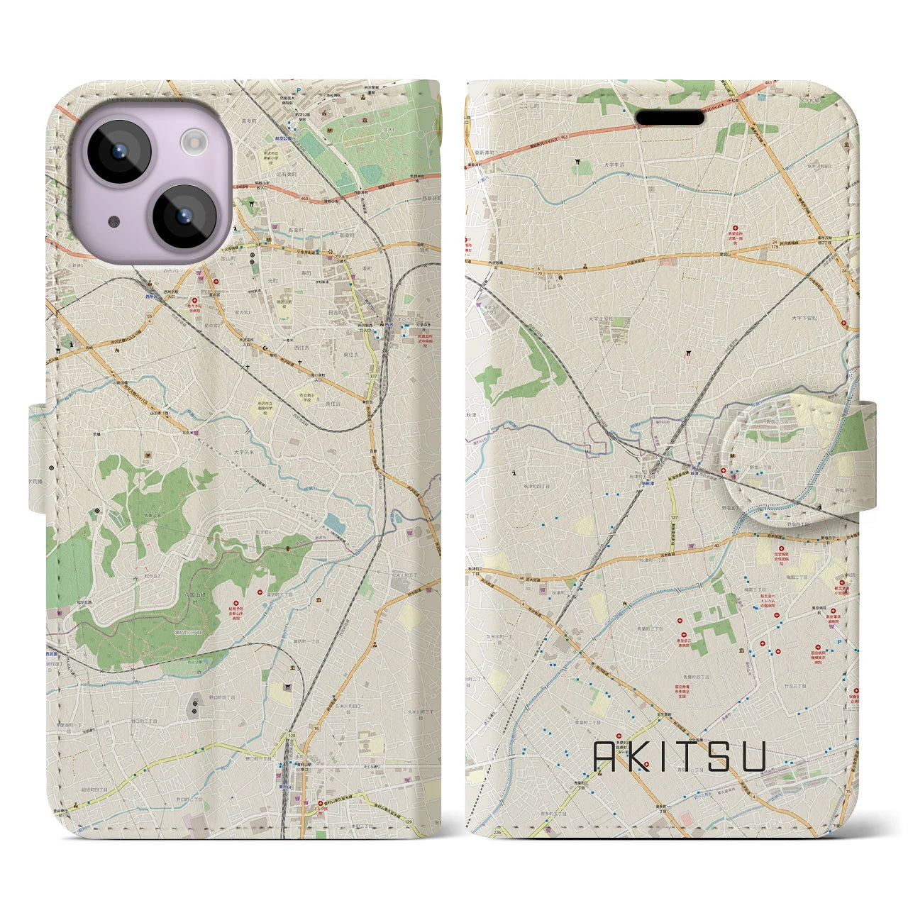 【秋津(東京都)】地図柄iPhoneケース(手帳タイプ)ナチュラル・iPhone 14 用