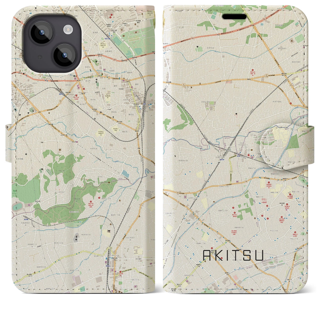 【秋津(東京都)】地図柄iPhoneケース(手帳タイプ)ナチュラル・iPhone 14 Plus 用