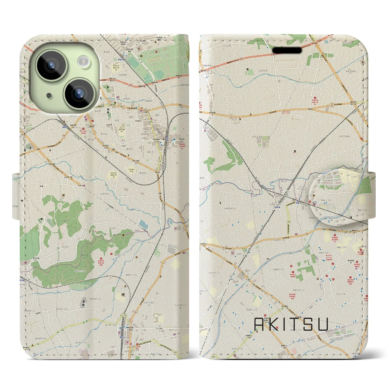 【秋津(東京都)】地図柄iPhoneケース(手帳タイプ)ナチュラル・iPhone 15 用