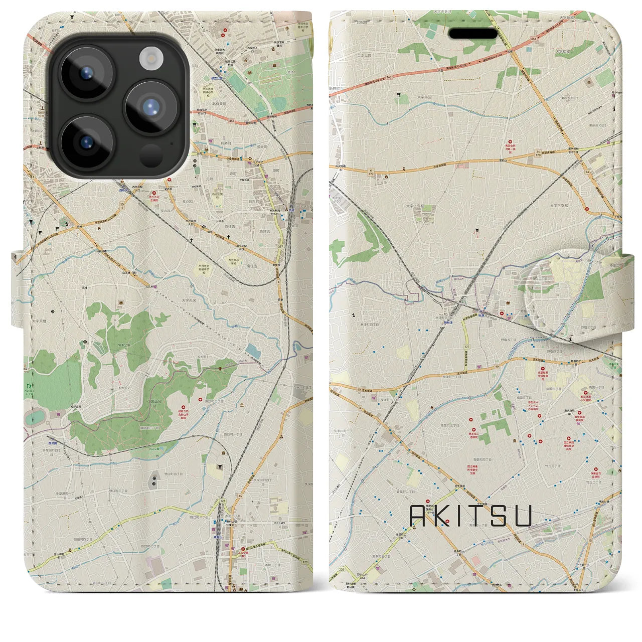 【秋津(東京都)】地図柄iPhoneケース(手帳タイプ)ナチュラル・iPhone 15 Pro Max 用
