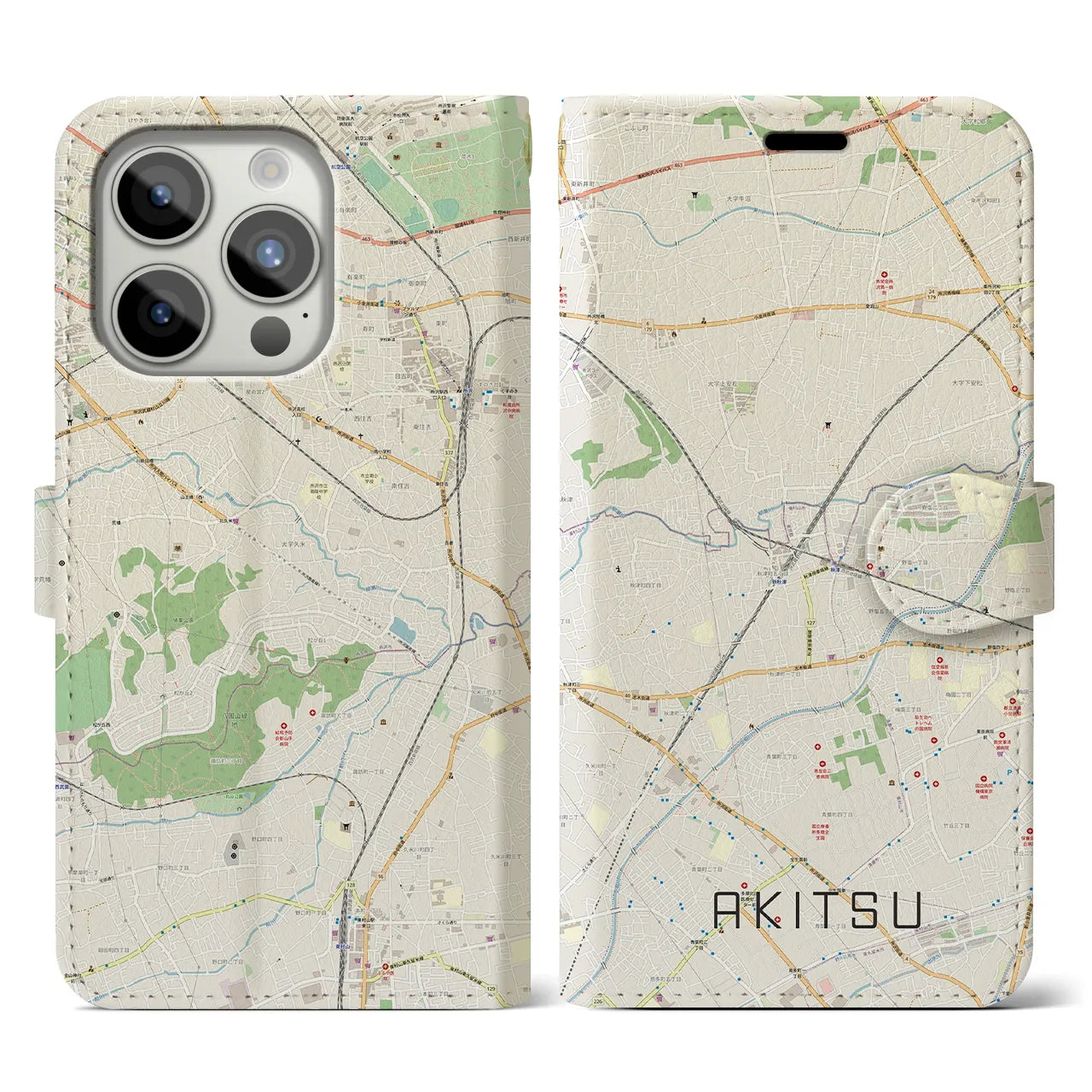 【秋津(東京都)】地図柄iPhoneケース(手帳タイプ)ナチュラル・iPhone 15 Pro 用